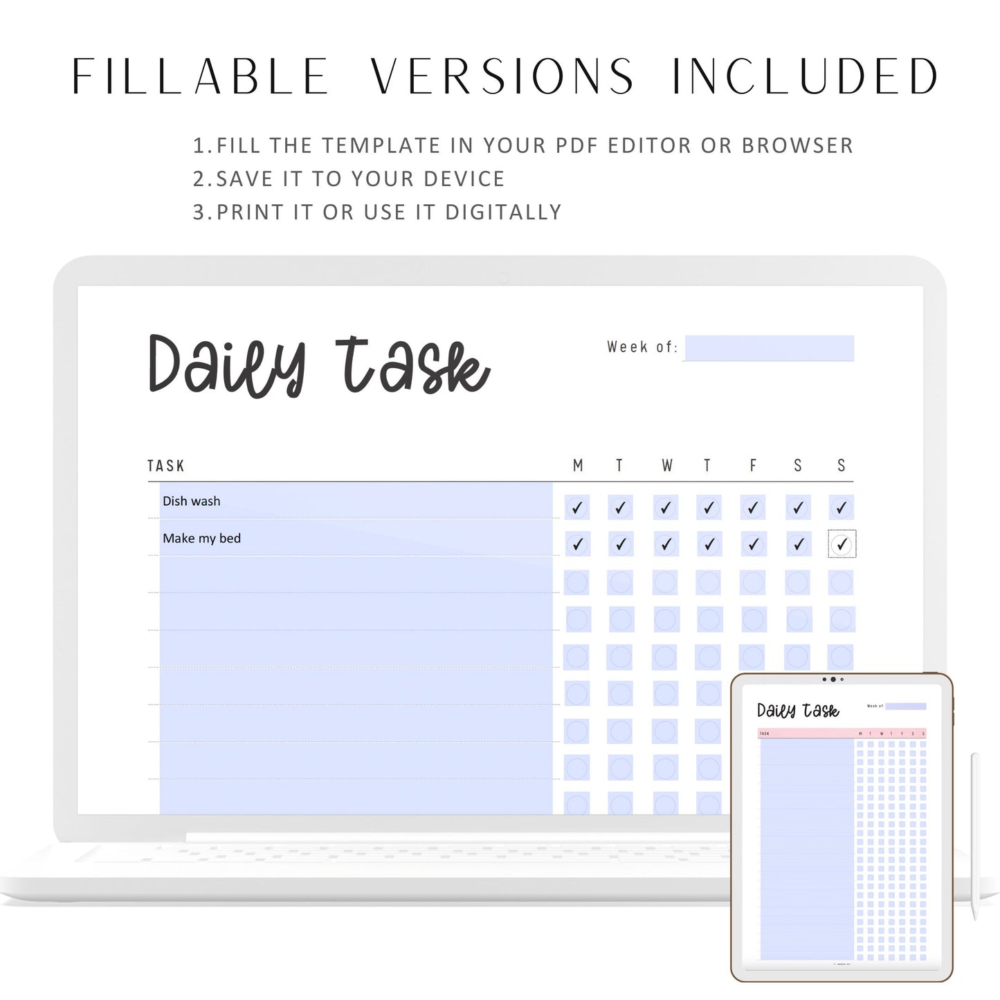 Fillable Daily Task List Printable, Fillable Daily Planner, Daily To Do List, Schedule Planner, PDF, 2 Colors, A4, A5, Letter, Half Letter