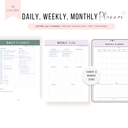 Daily, Weekly, Monthly Planner Printable Bundle,10 colors