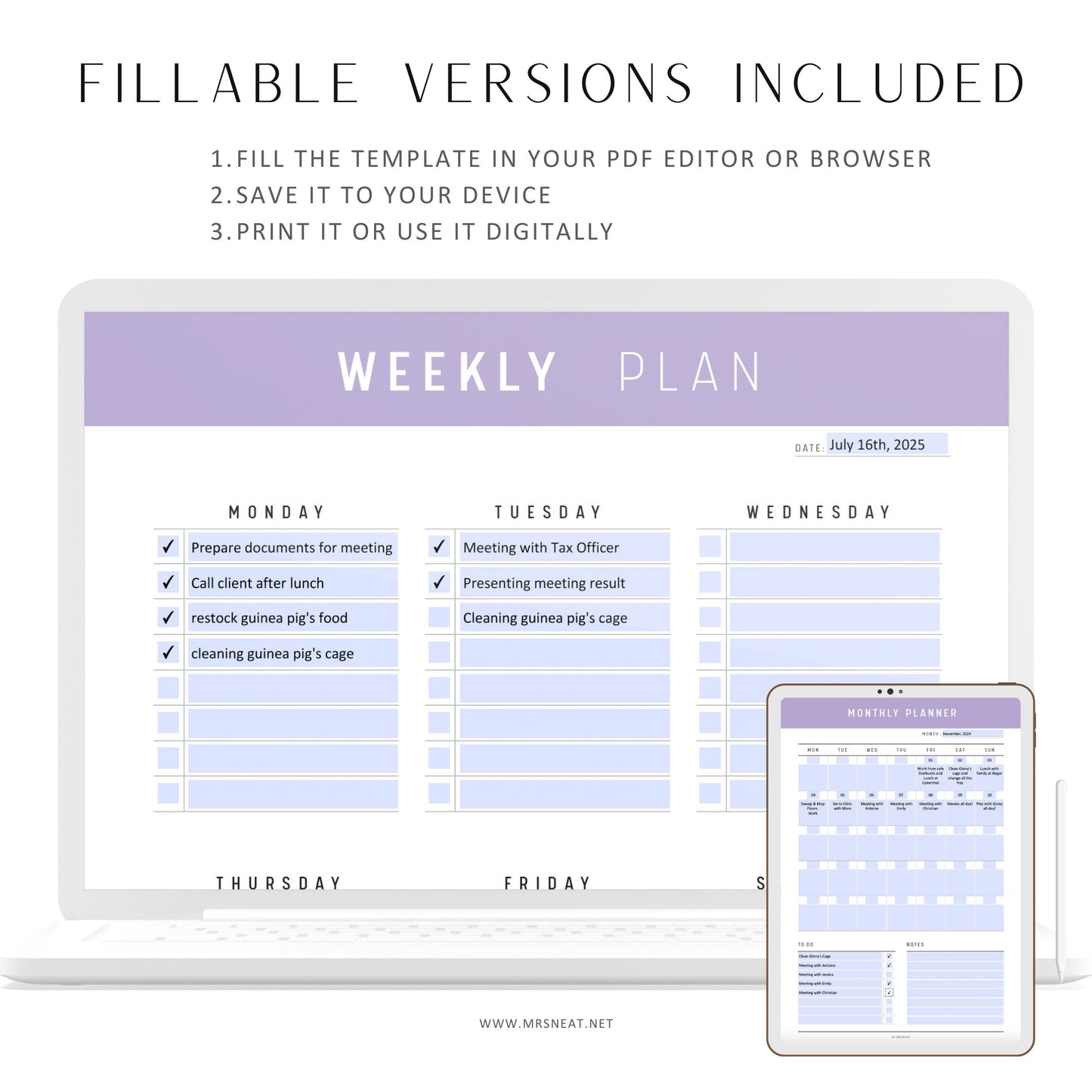 Fillable Daily Weekly Monthly Planner, Printable Planner Bundle, Planner Set, 10 Colors, A4, Letter, PDF, Sunday and Monday Start