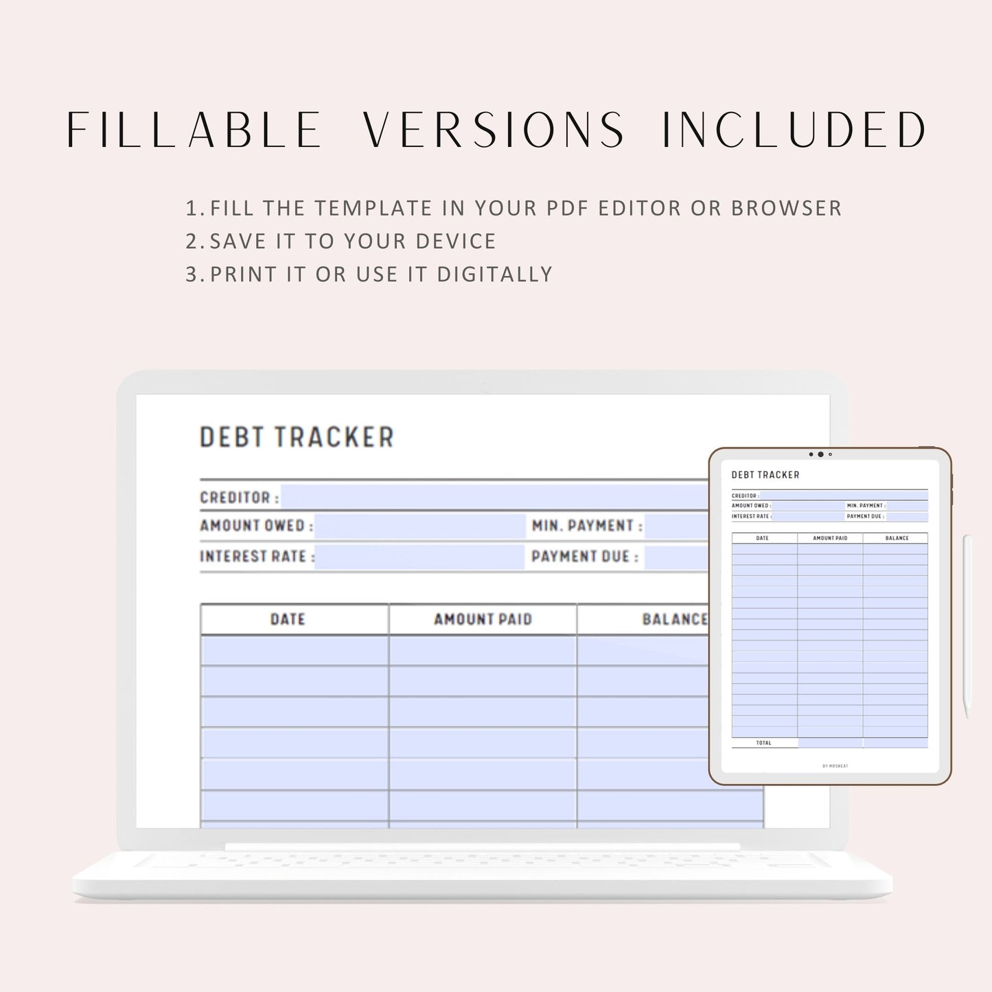Debt Payment Tracker Template Printable Planner, Fillable PDF, A4, A5, Letter, Half Letter, Digital Planner