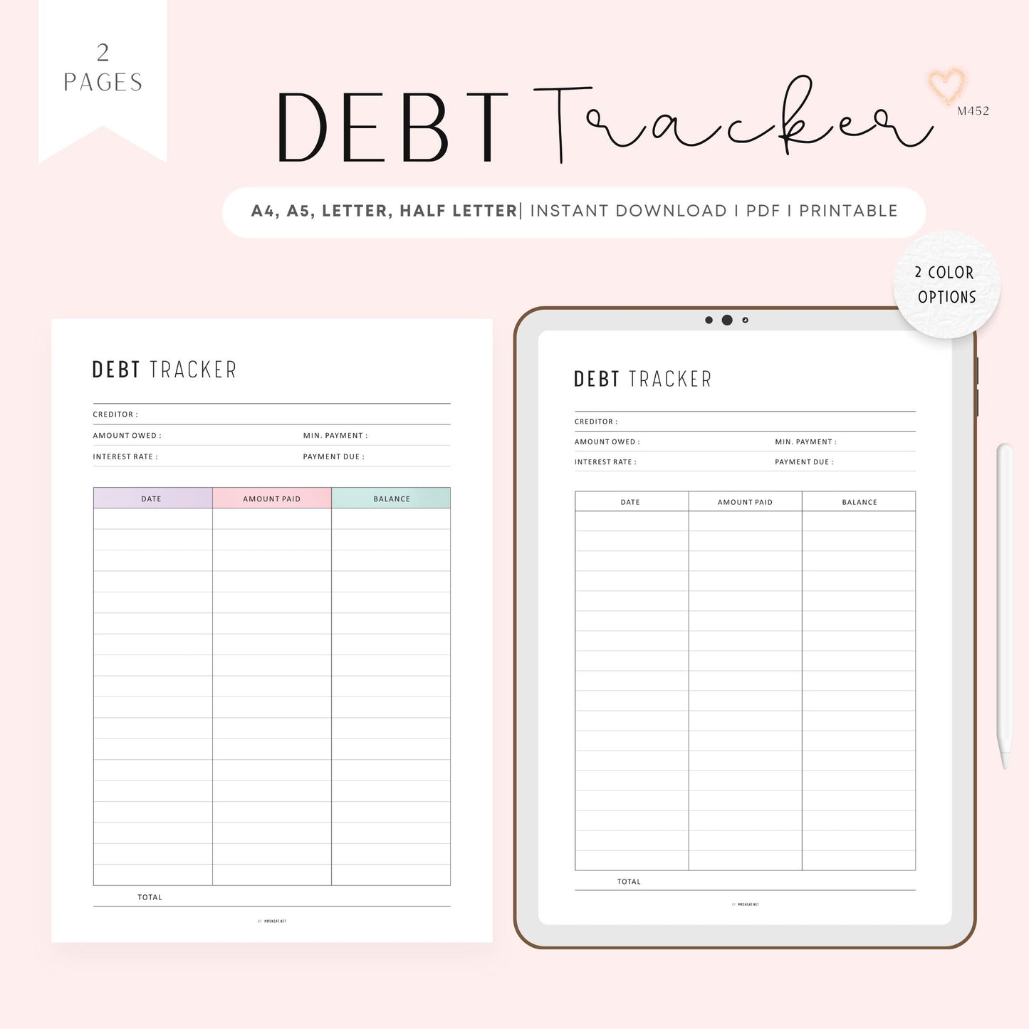 Debt Payment Tracker, Printable, A4, A5, Letter, Half Letter, Digital Planner, PDF, 2 Colors, Instant Download