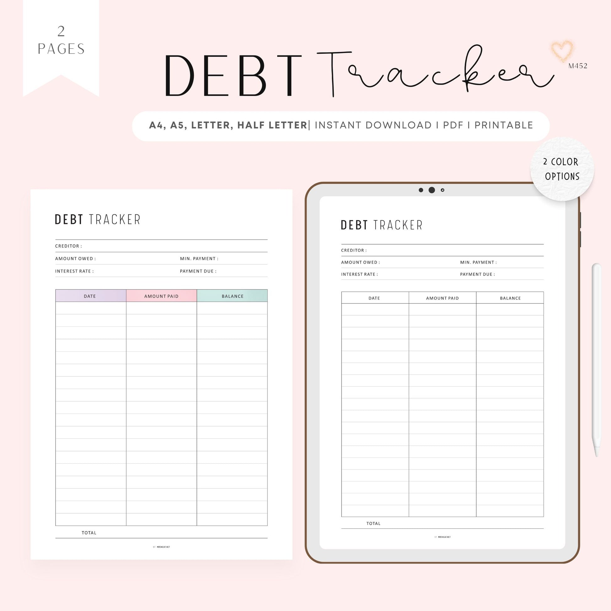 Debt Payment Tracker, Printable, A4, A5, Letter, Half Letter, Digital Planner, PDF, 2 Colors, Instant Download