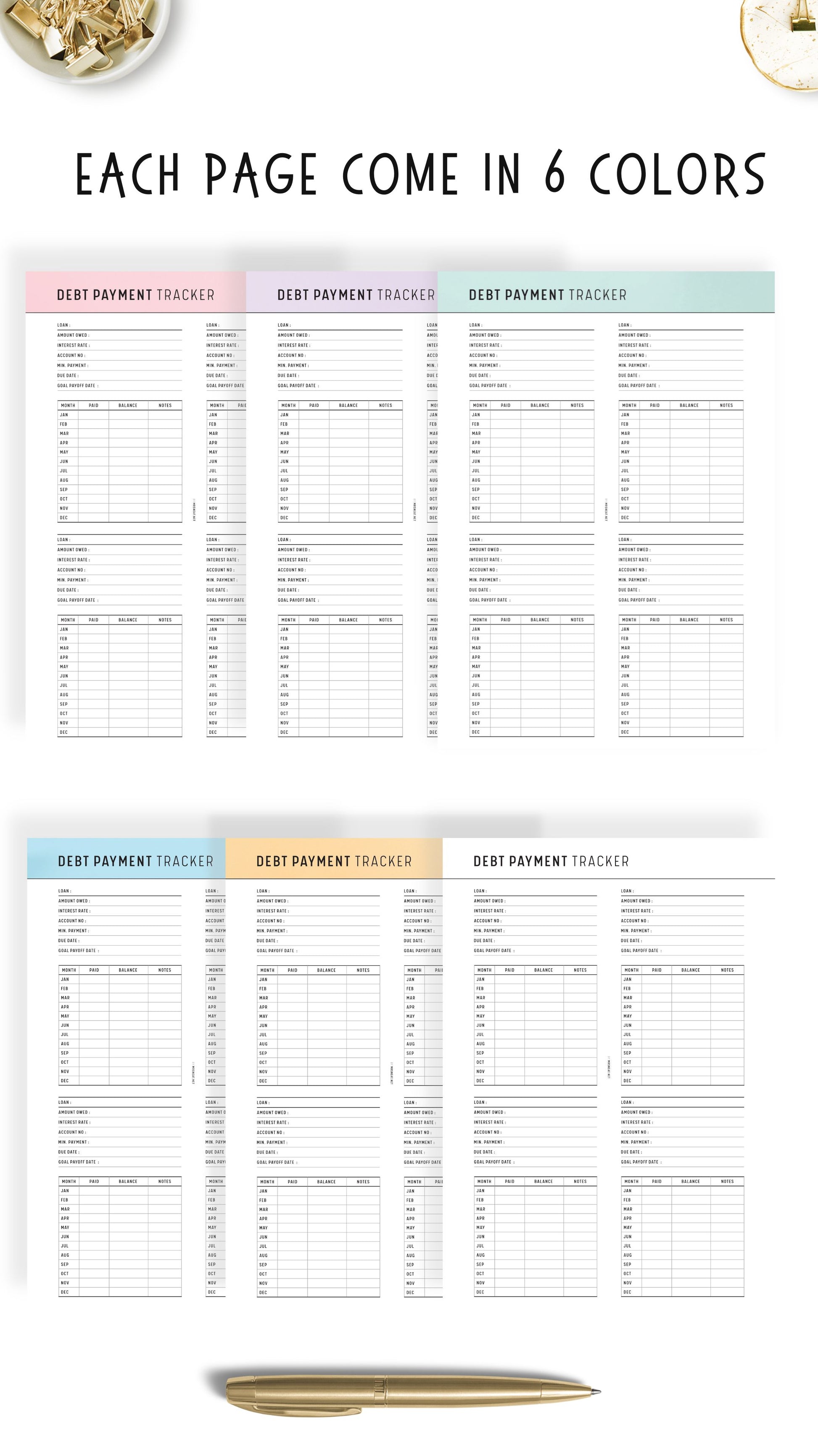 6 colors of Printable Debt Payment Tracker Template