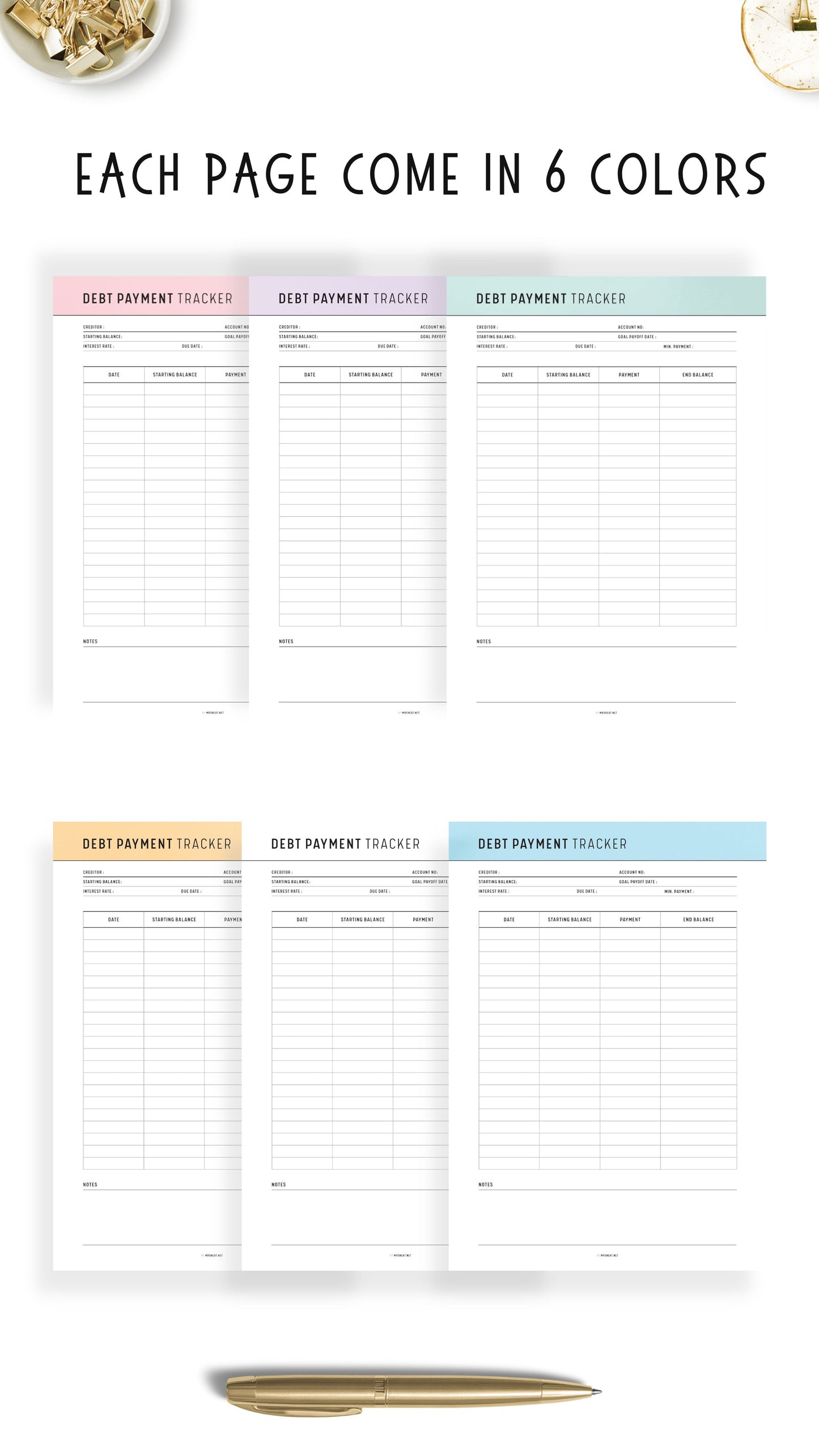 6 colors Printable Debt Payment Tracker Template