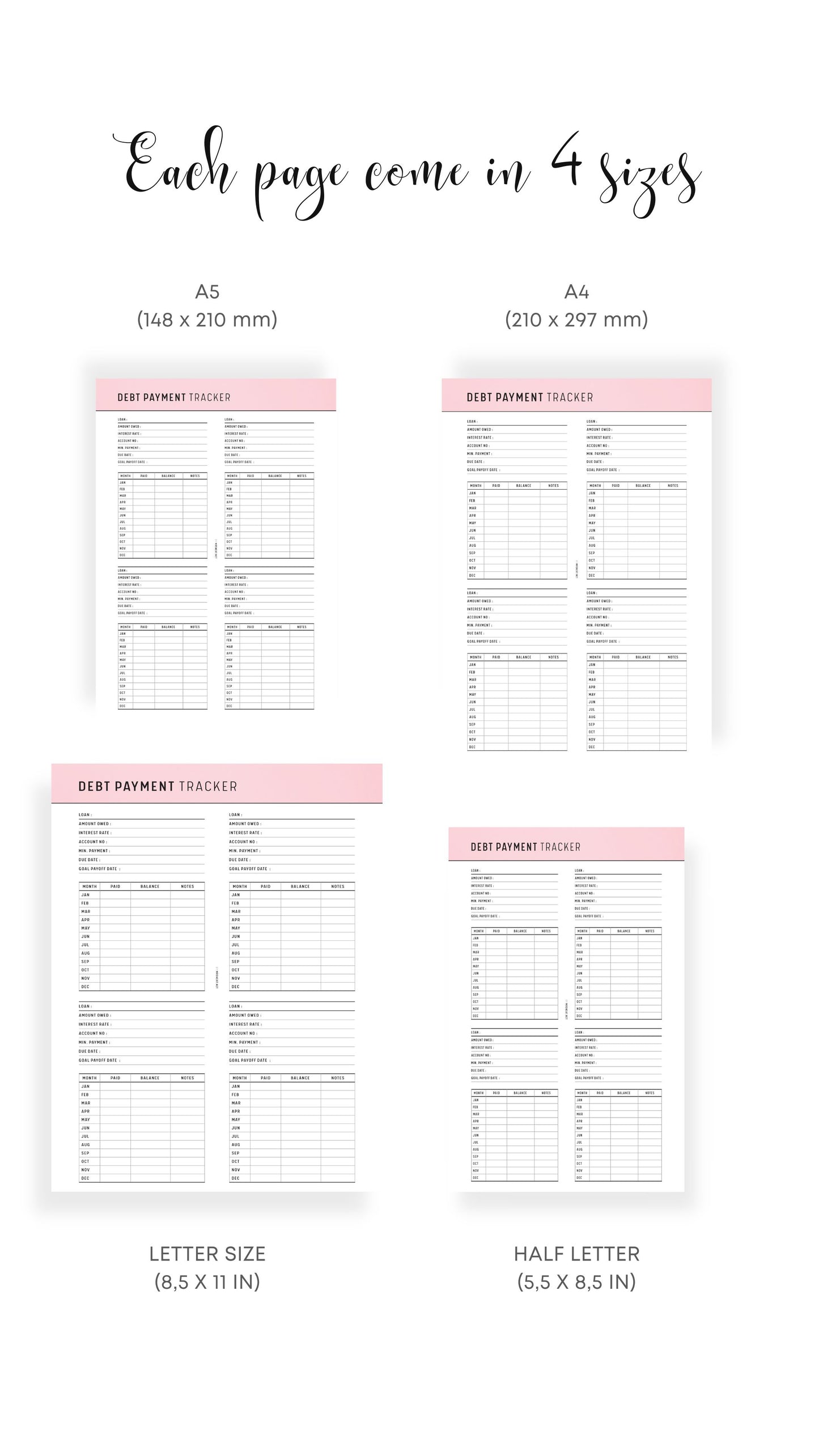 A4, A5, Letter, Half Letter Printable Debt Payment Tracker Template