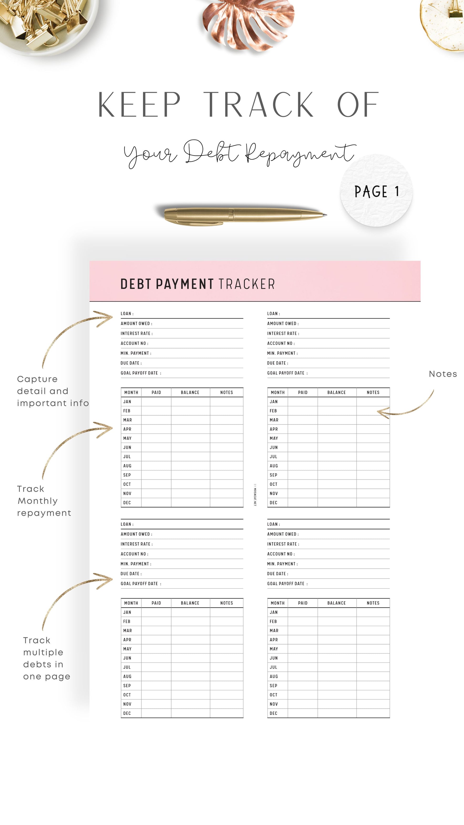 Pink Blush Printable Debt Payment Tracker Template