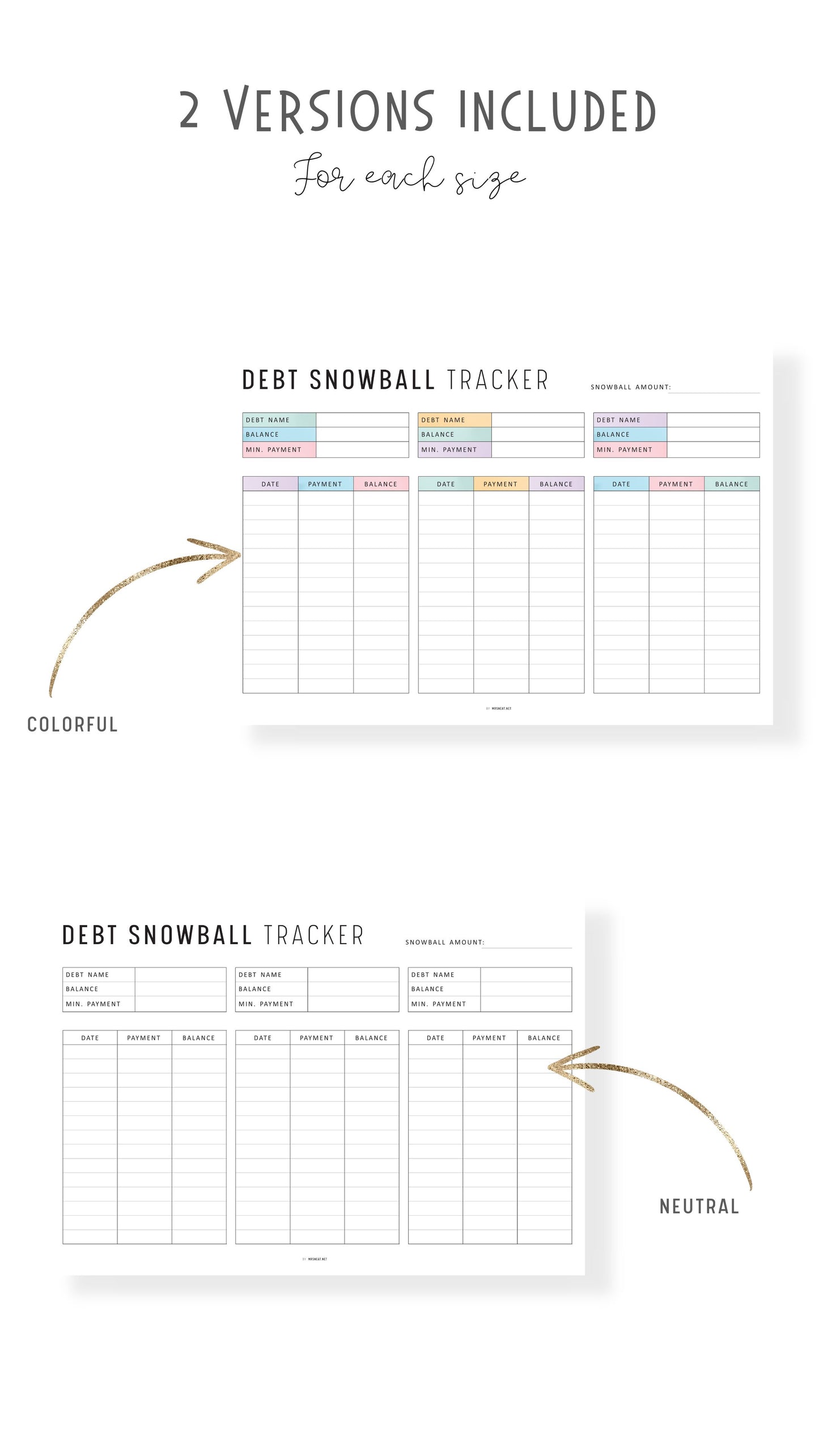 Debt Snowball Tracker Template Printable, Debt Payment Tracker Landscape, A4, Letter, Minimalist Version, Colorful version, PDF, 3 debts in one page, Digital Debt Planner