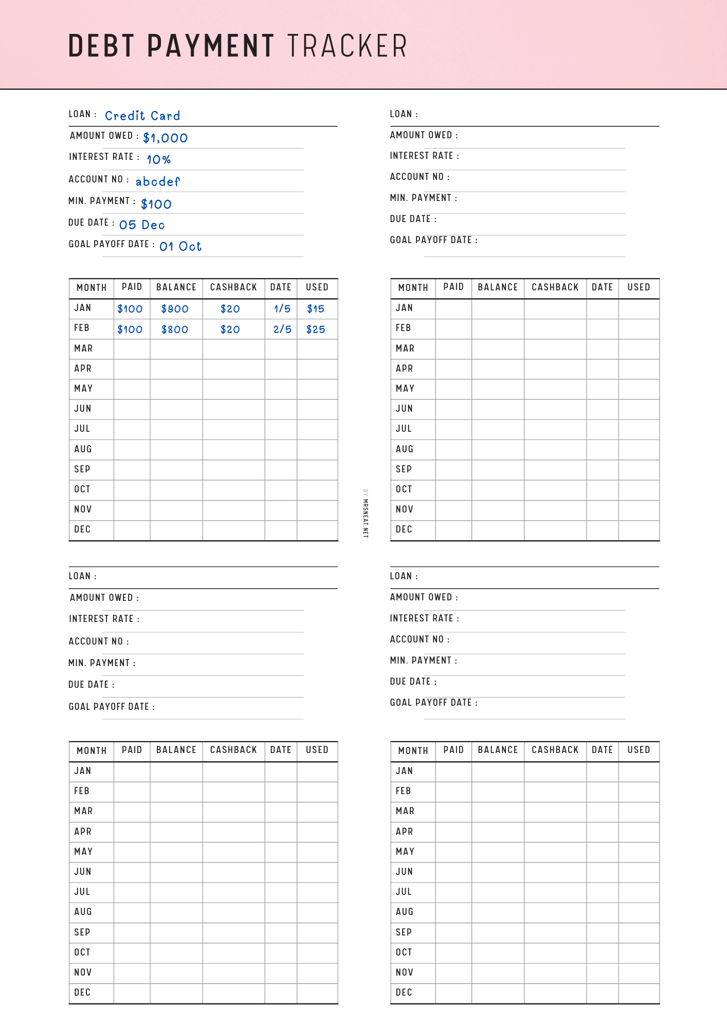 Debt payment tracker printable, 6 colors, A4, A5, Letter, Half Letter, Fillable PDF, Digital Planner, 2 Pages