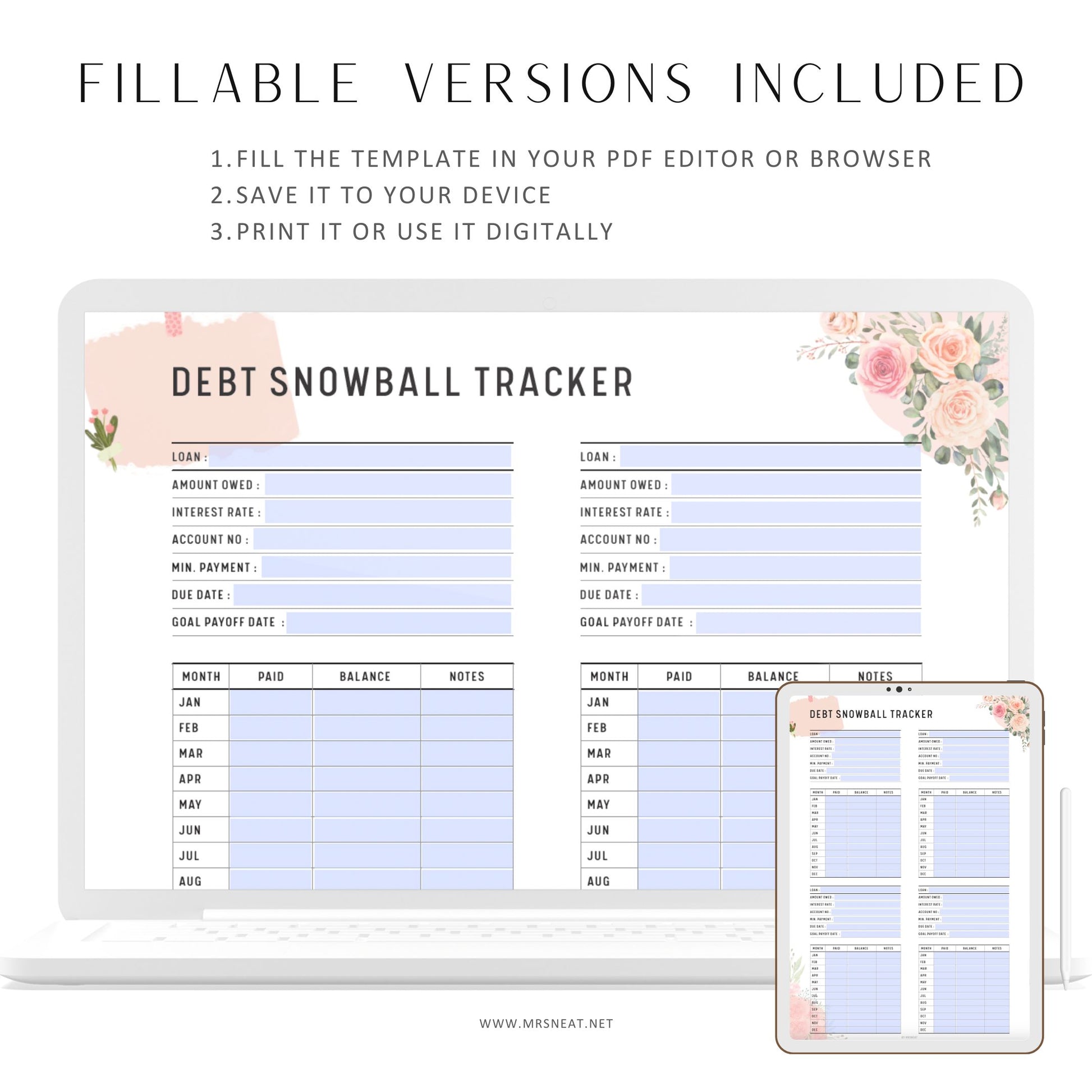 Floral Debt Snowball Tracker Planner use digitally with Tablet and Stylus