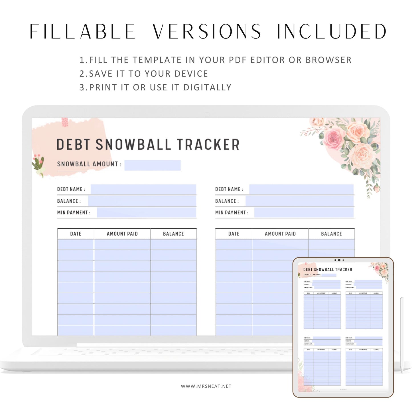 Cute and Minimalist Floral Debt Snowball Tracker Planner with room for hole punches on either side