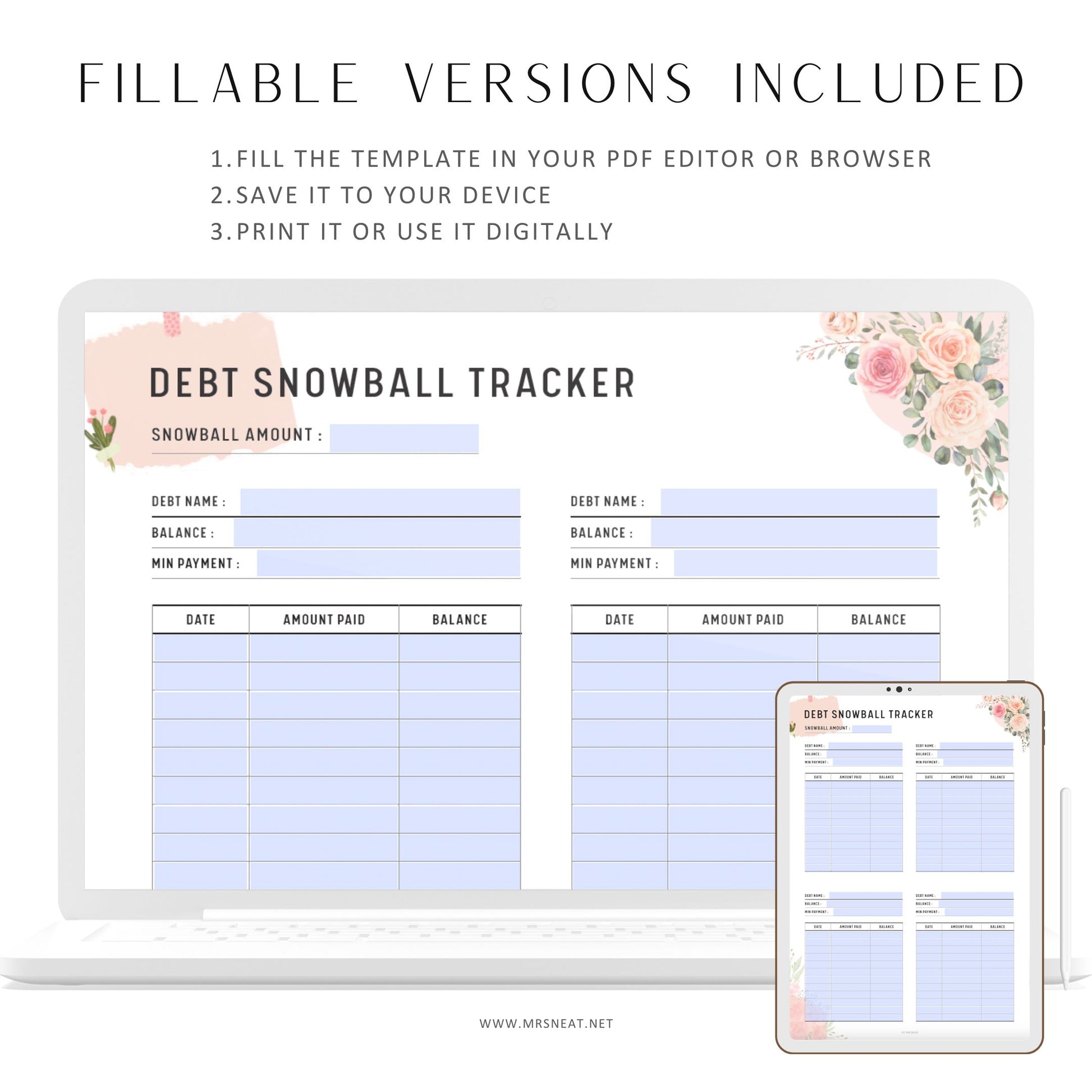 Cute and Minimalist Floral Debt Snowball Tracker Planner with room for hole punches on either side