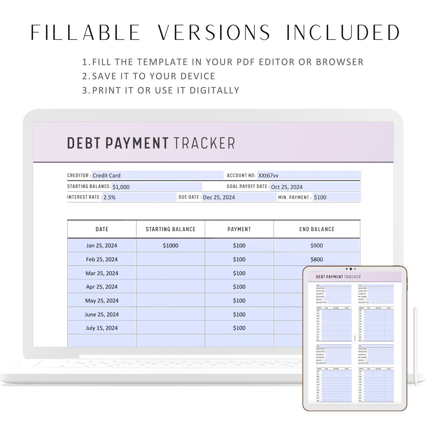 Debt payment tracker printable, 6 colors, A4, A5, Letter, Half Letter, Fillable PDF, Digital Planner, 2 Pages