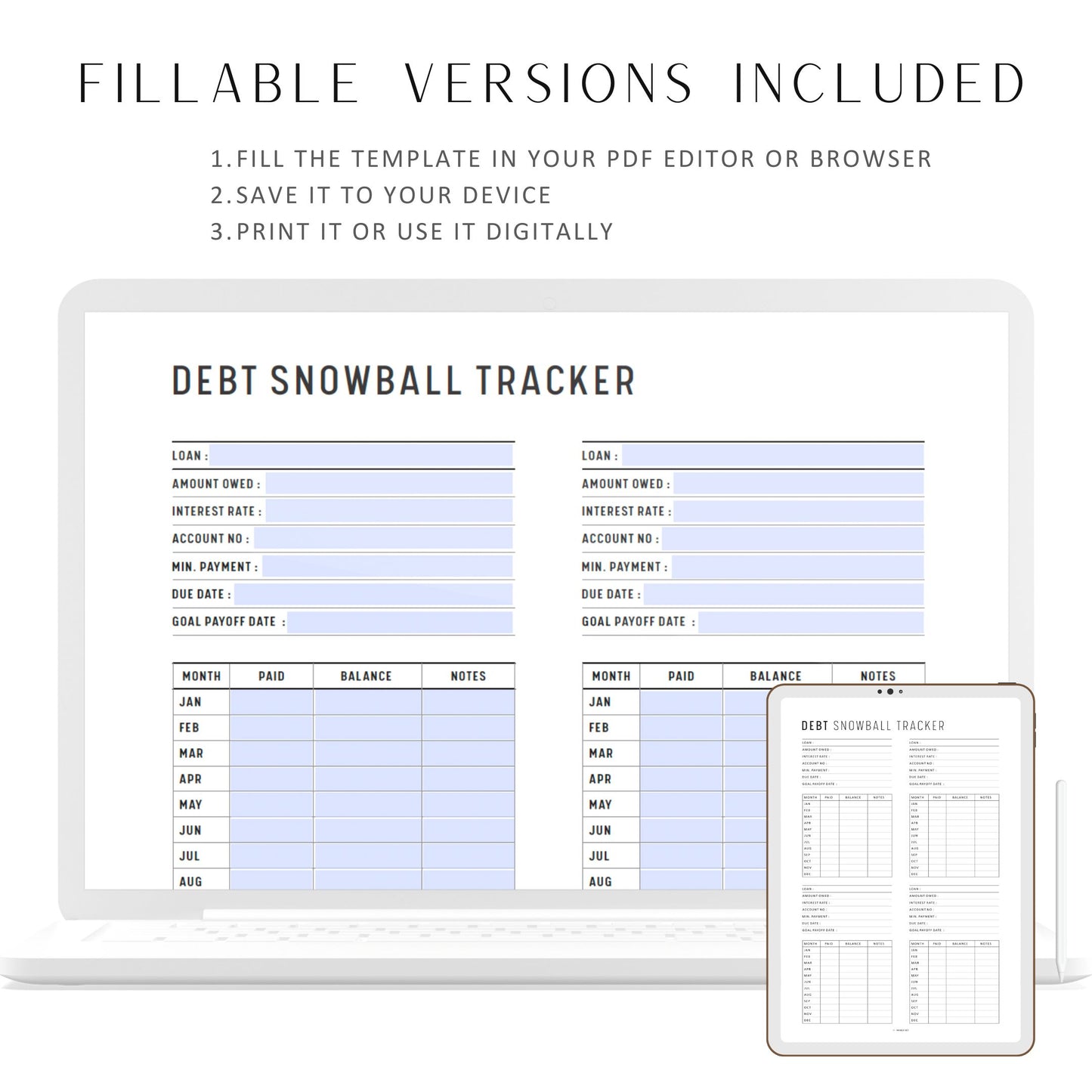 Minimalist Debt Snowball Tracker Planner Detailed in Clean design, Fillable PDF, Digital Planner, Printable Planner, A4, A5, Letter, Half Letter