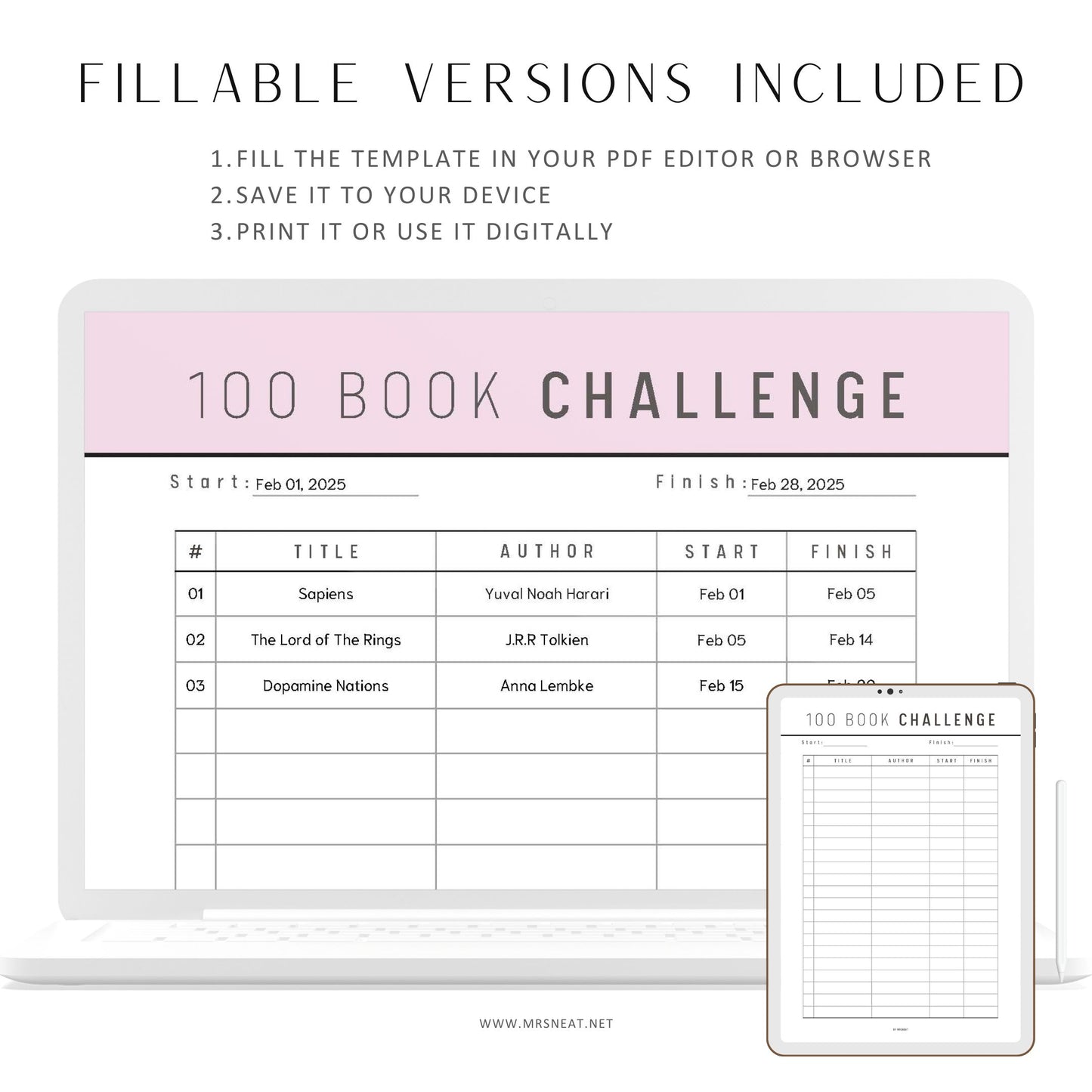 100 Book Challenge Printable, Reading Challenge, Fillable Reading Tracker, Reading Journal, 2 Pages, 5 Colors, A4, A5, Letter, Half Letter