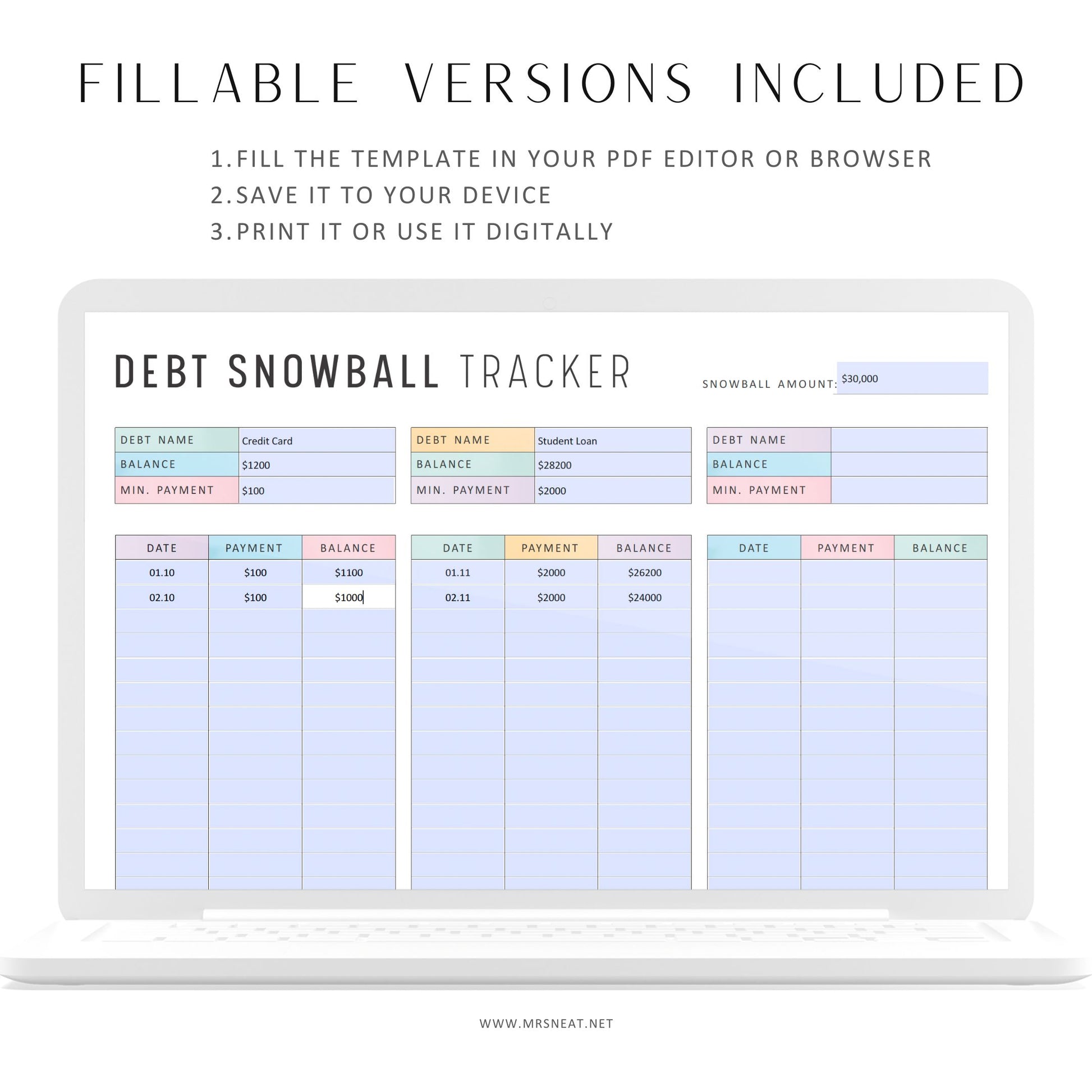 Debt Payment Tracker Template, Debt Snowball Tracker Printable, Debt Progress Tracker, Debt Repayment Tracker, A4, Letter, 2 Colors, PDF, Digital Planner, Fillable PDF