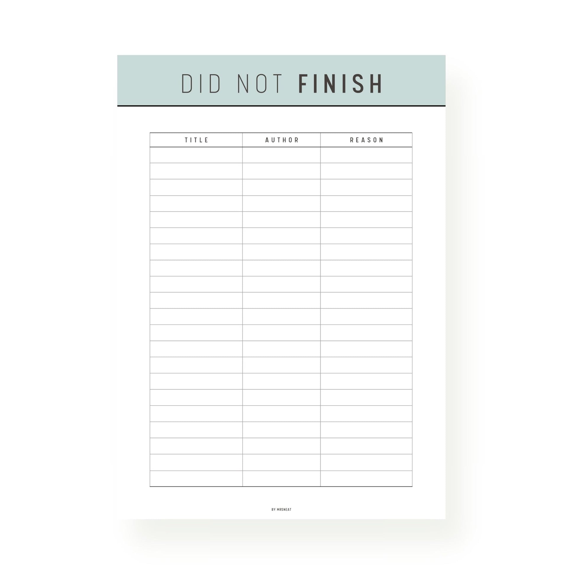 Green Did Not Finish Books Template Printable