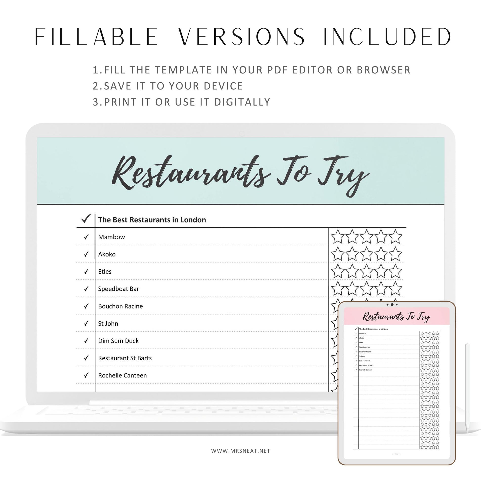 Fillable Restaurants To Try List Template, Restaurants Review Printable, Restaurants Journal, PDF, 6 colors, A4, A5, Letter, Half Letter