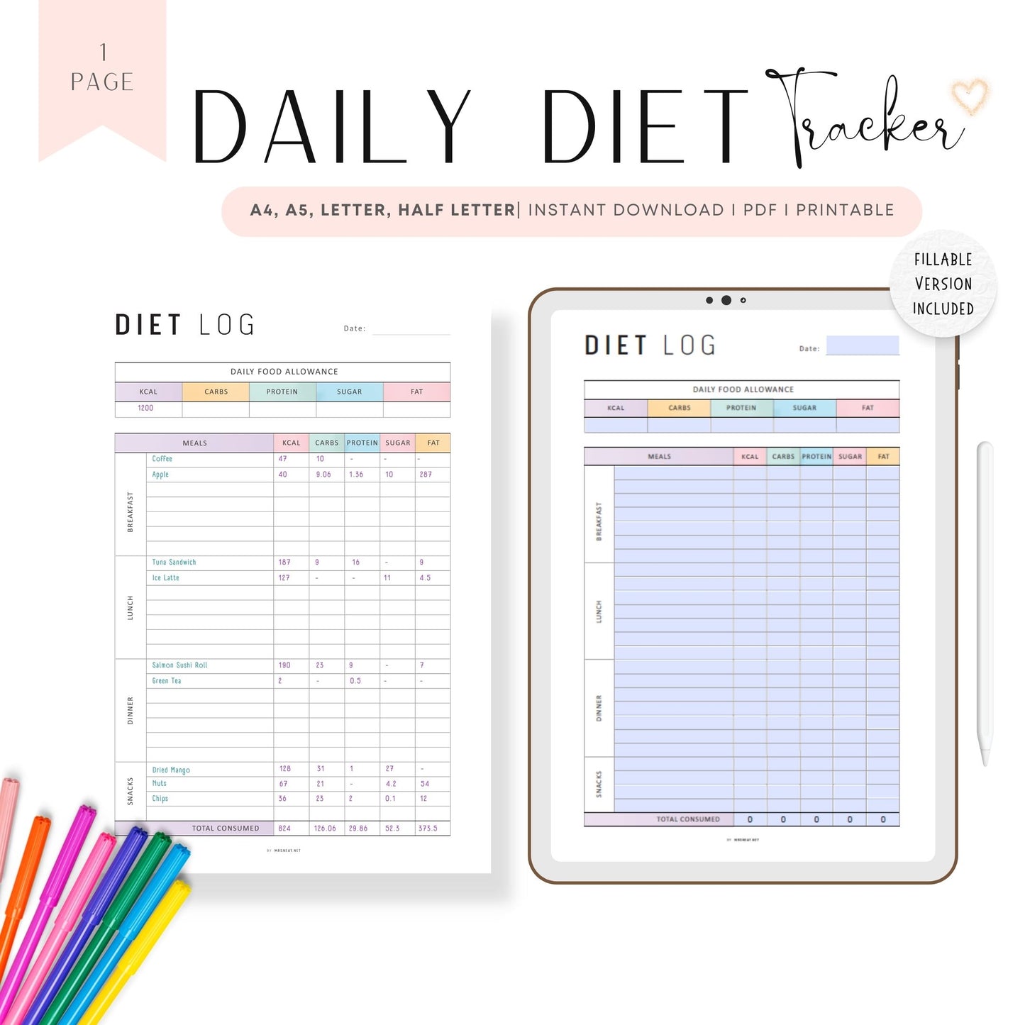 Food Diary Calorie Counting Template PDF, Diet Log Journal, Fillable Food Diary, A4, A5, Letter, Half Letter, Colorful Page