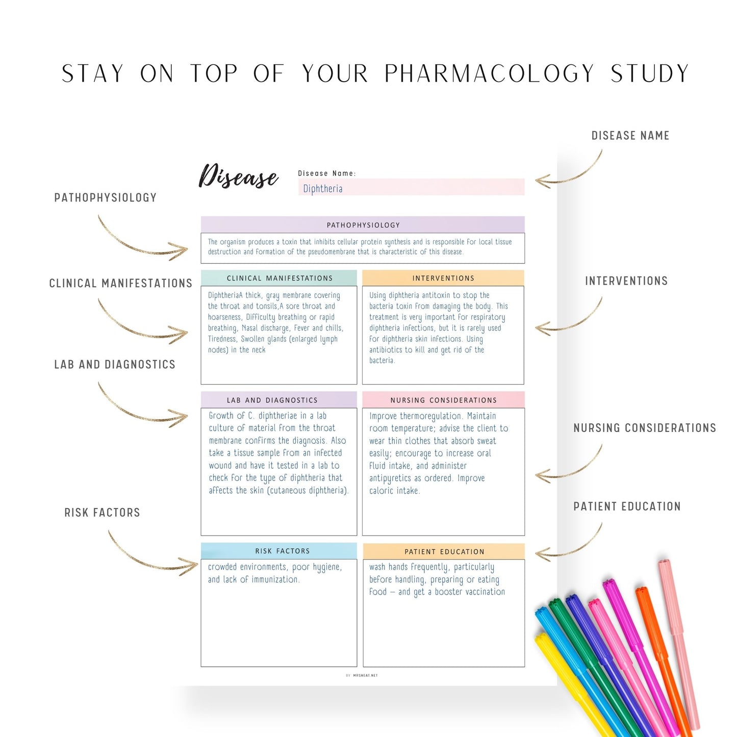 Disease Process Study Template Printable, Nursing Notes PDF, 2 colors