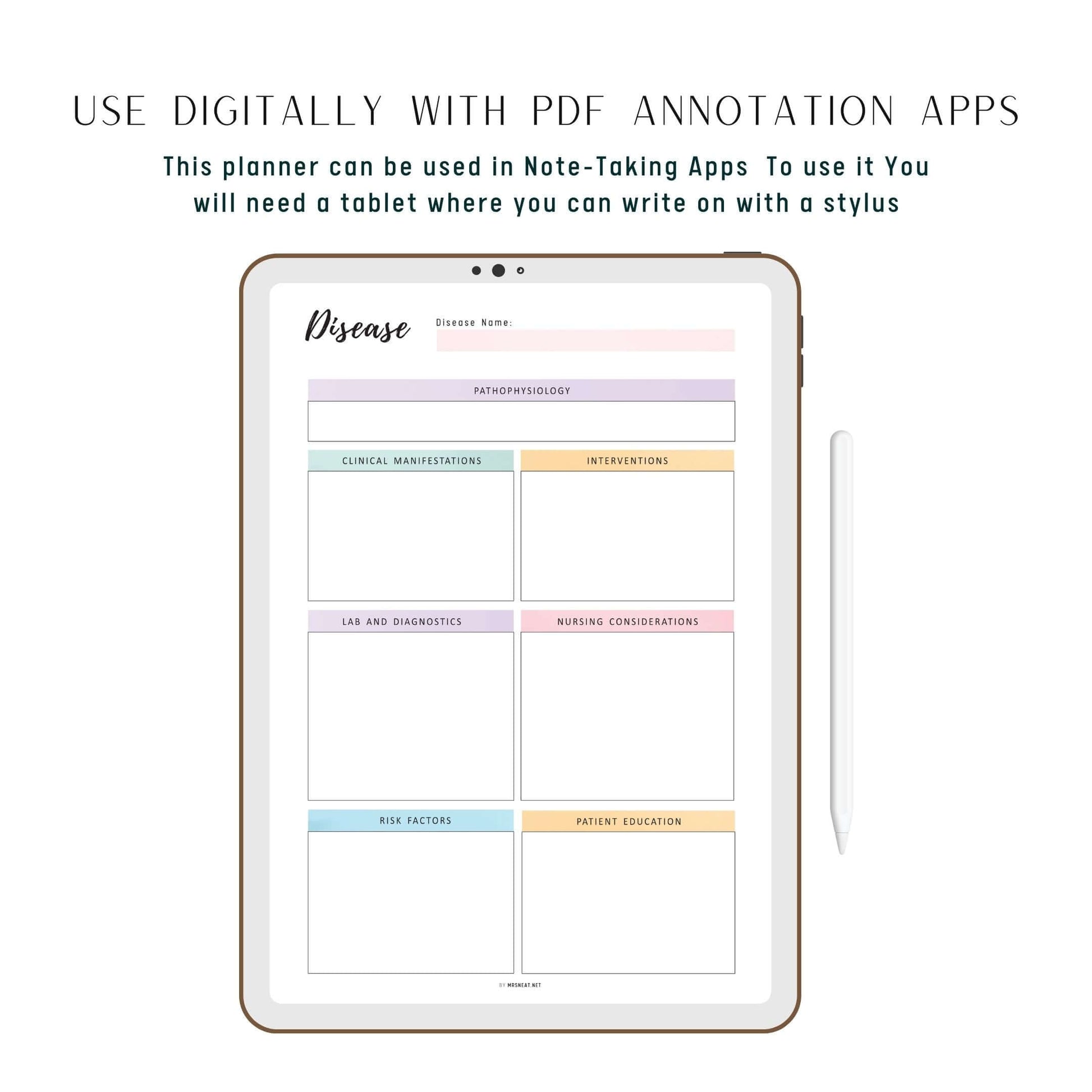 Digital Disease Process Study Template, Nursing Notes PDF, 2 colors