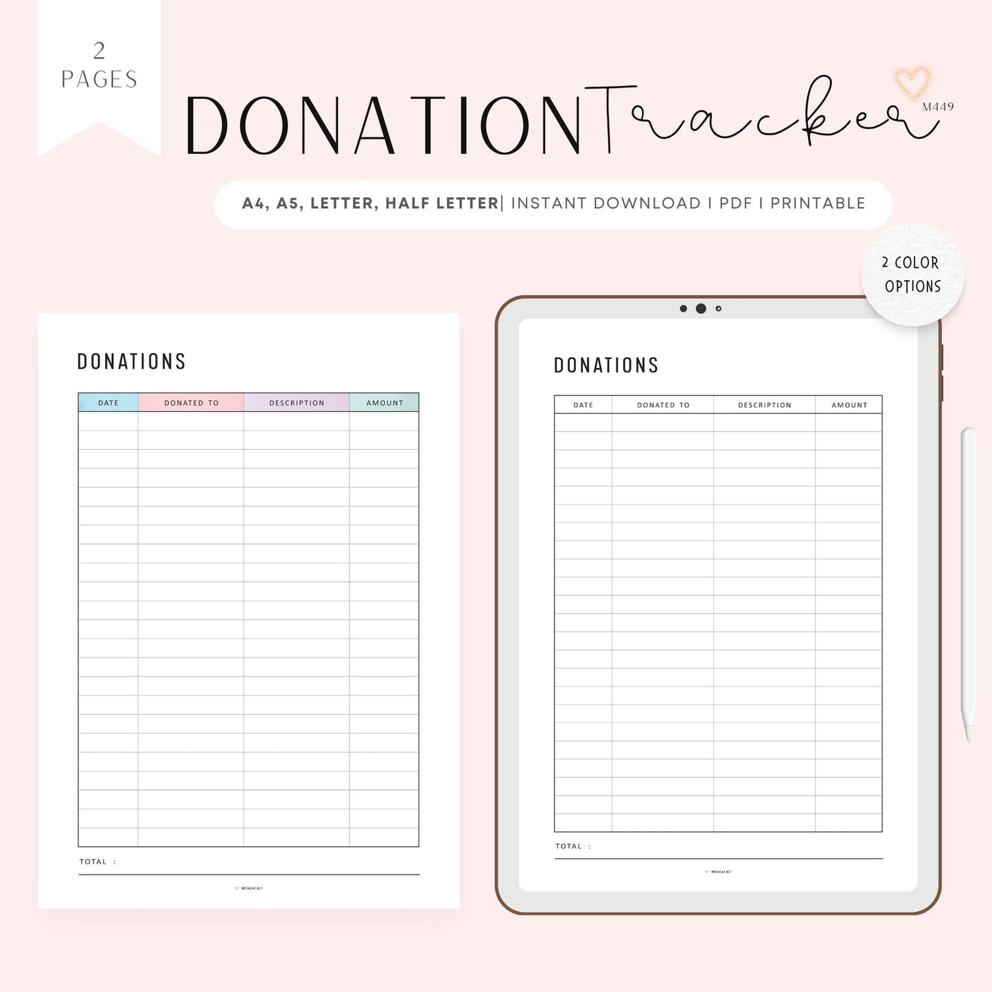 Donation Tracker Template, Printable, A4, A5, Letter, Half Letter, PDF, 2 Colors, Digital Planner
