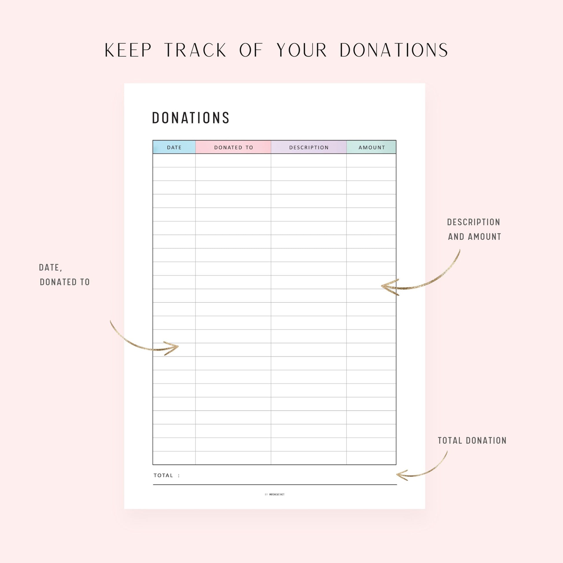 Donation Tracker Template, Printable, A4, A5, Letter, Half Letter, PDF, 2 Colors, Digital Planner