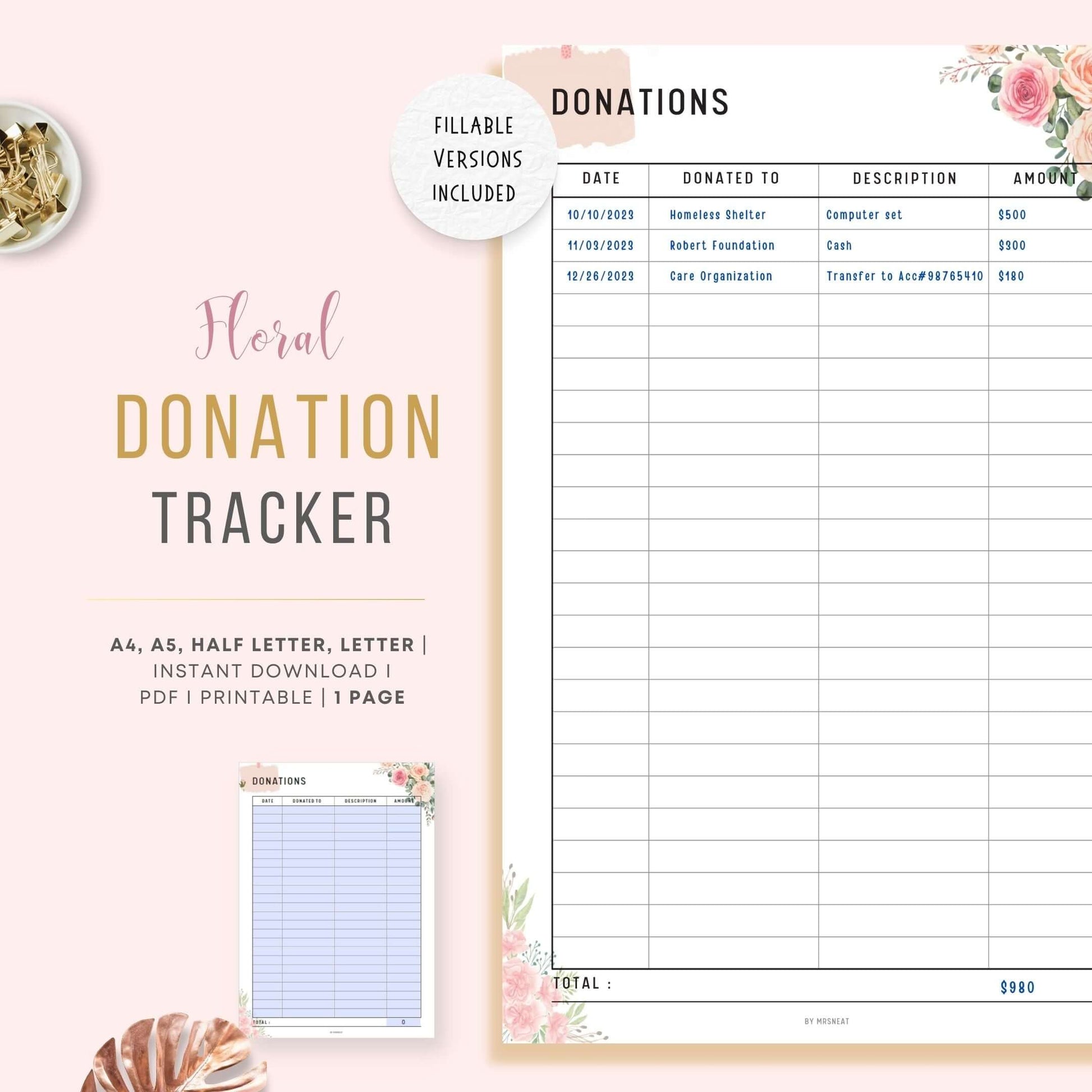 Floral Donation Tracker Printable, A4, A5, Letter, Half Letter, PDF Fillable included