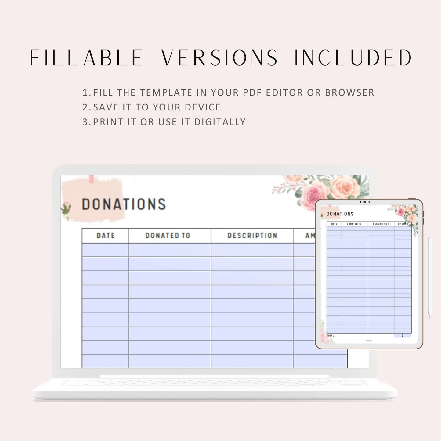 Floral Donation Tracker Printable, A4, A5, Letter, Half Letter, PDF Fillable included