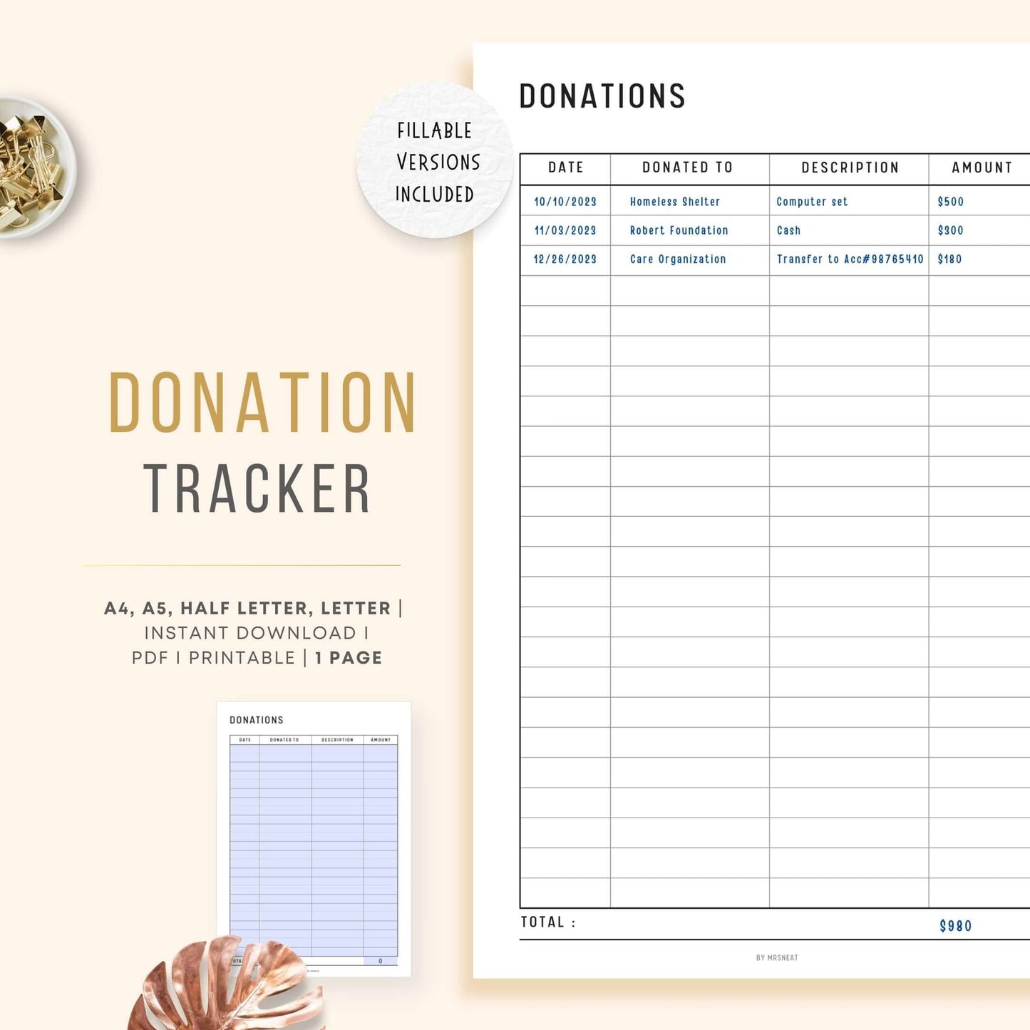 Donation Tracker Printable, A4, A5, Letter, Half Letter, PDF Fillable included