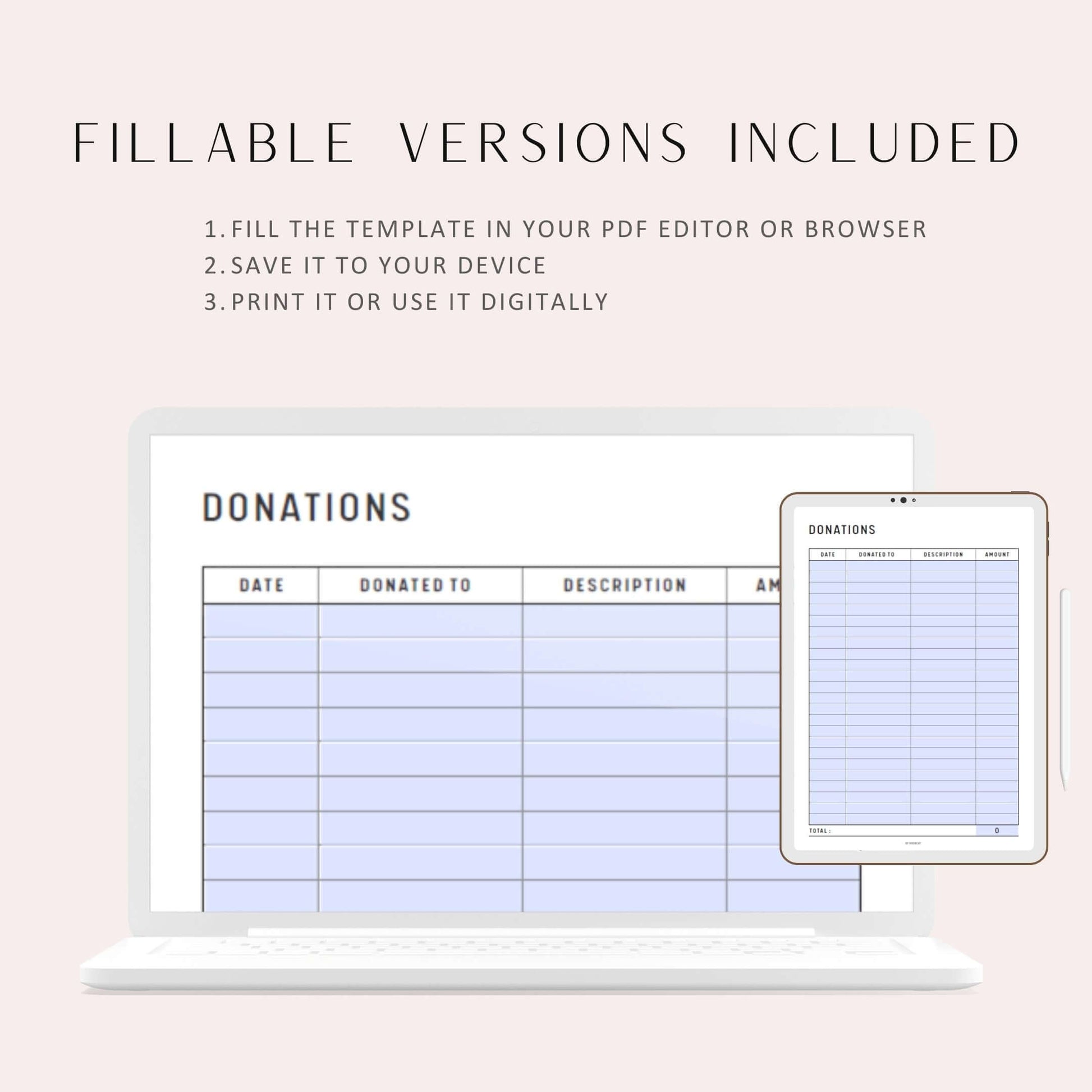 Donation Tracker Printable, A4, A5, Letter, Half Letter, PDF Fillable included