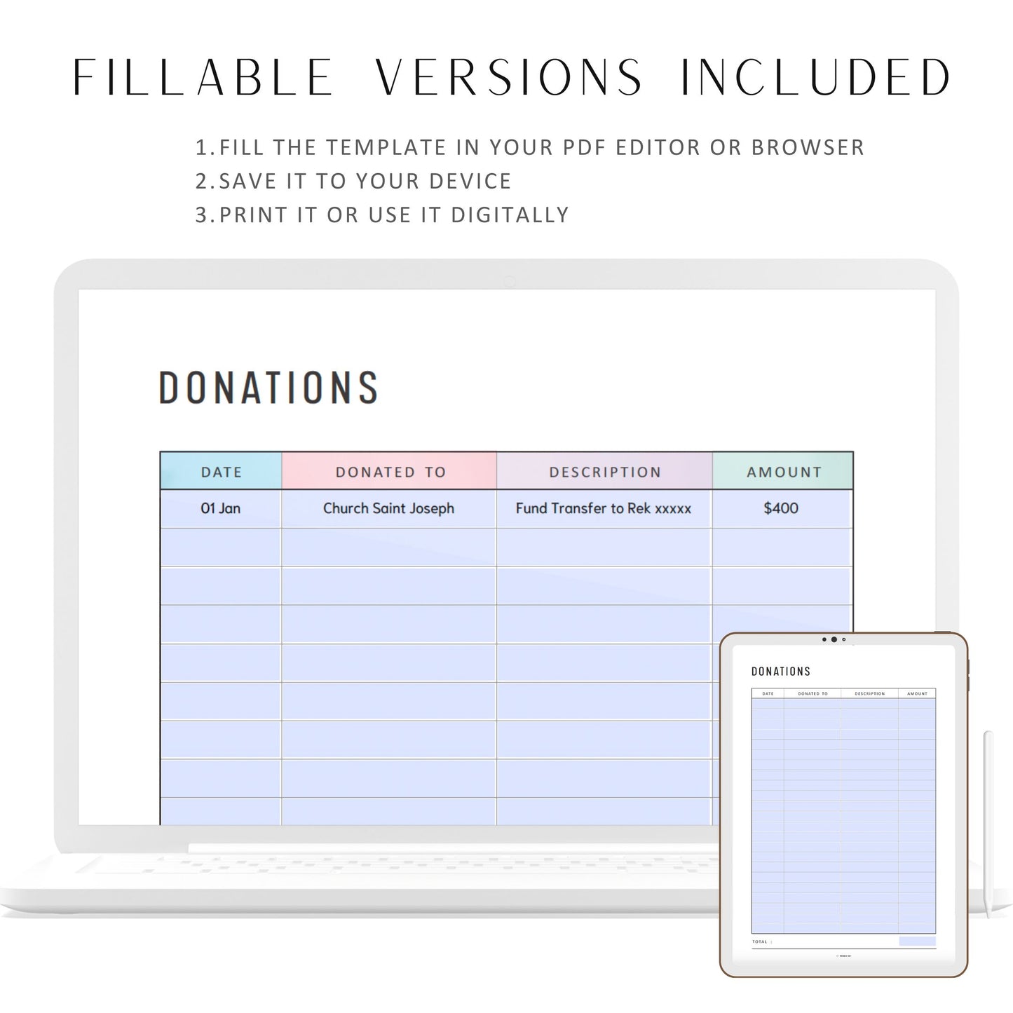 Donation Tracker Template, Printable, A4, A5, Letter, Half Letter, PDF, 2 Colors, Digital Planner