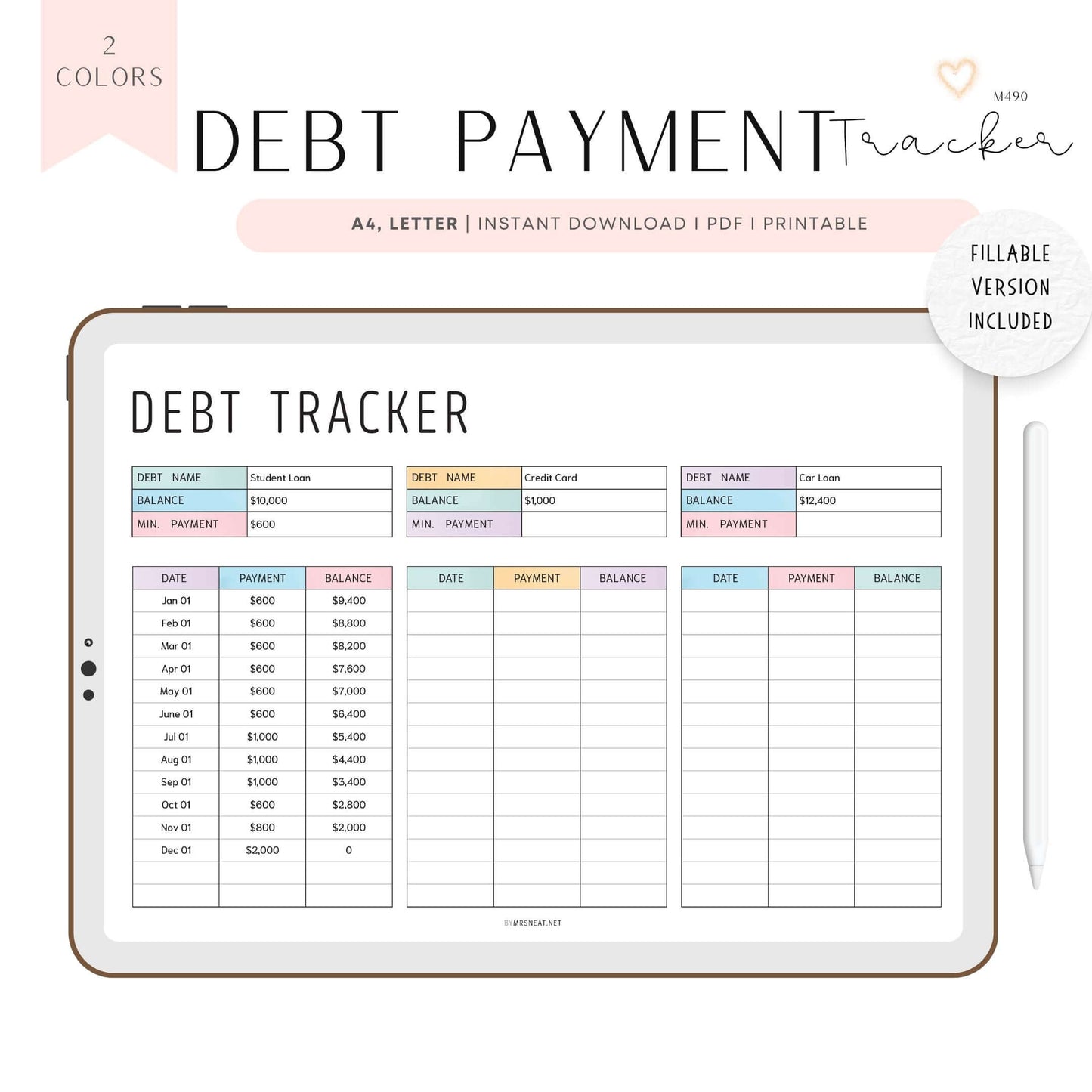 Editable Debt Payment Tracker, PDF, Digital Planner, Printable Planner, 2 Colors, Landscape