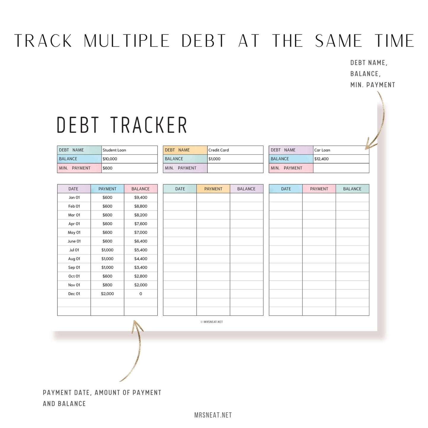 Colorful Editable Debt Payment Tracker, PDF, Digital Planner, Printable Planner, 2 Colors, Landscape