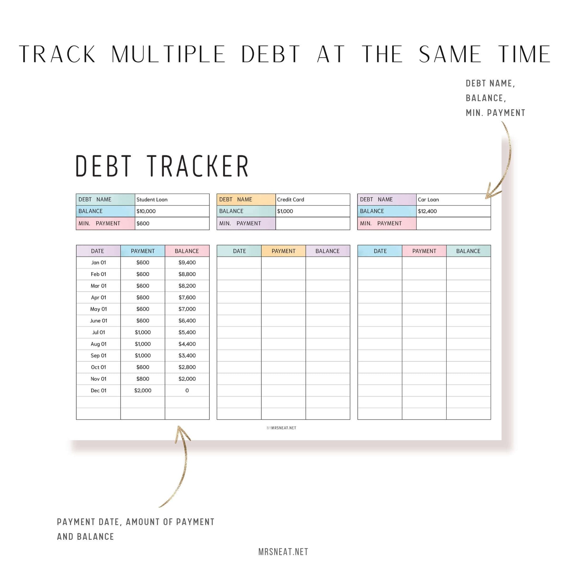 Colorful Editable Debt Payment Tracker, PDF, Digital Planner, Printable Planner, 2 Colors, Landscape