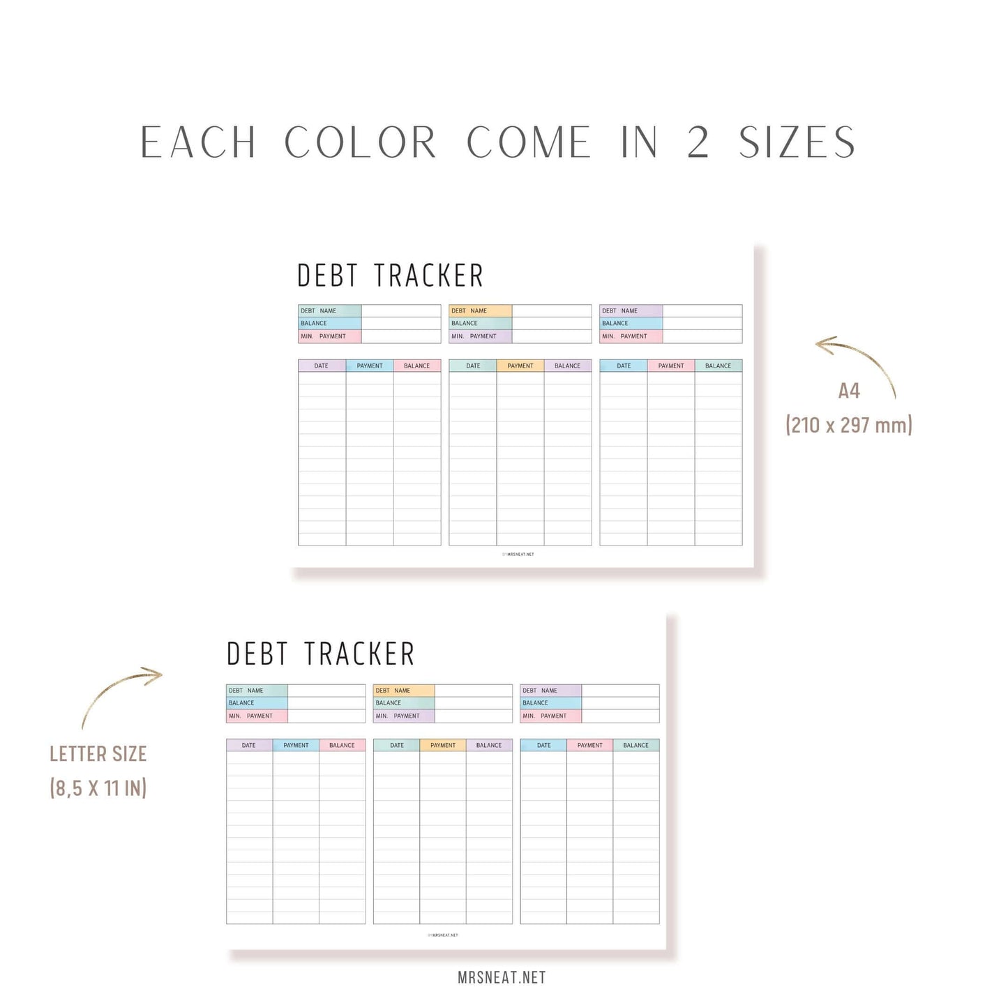 Editable Debt Payment Tracker, PDF, Digital Planner, Printable Planner, 2 Colors, Landscape, A4, Letter