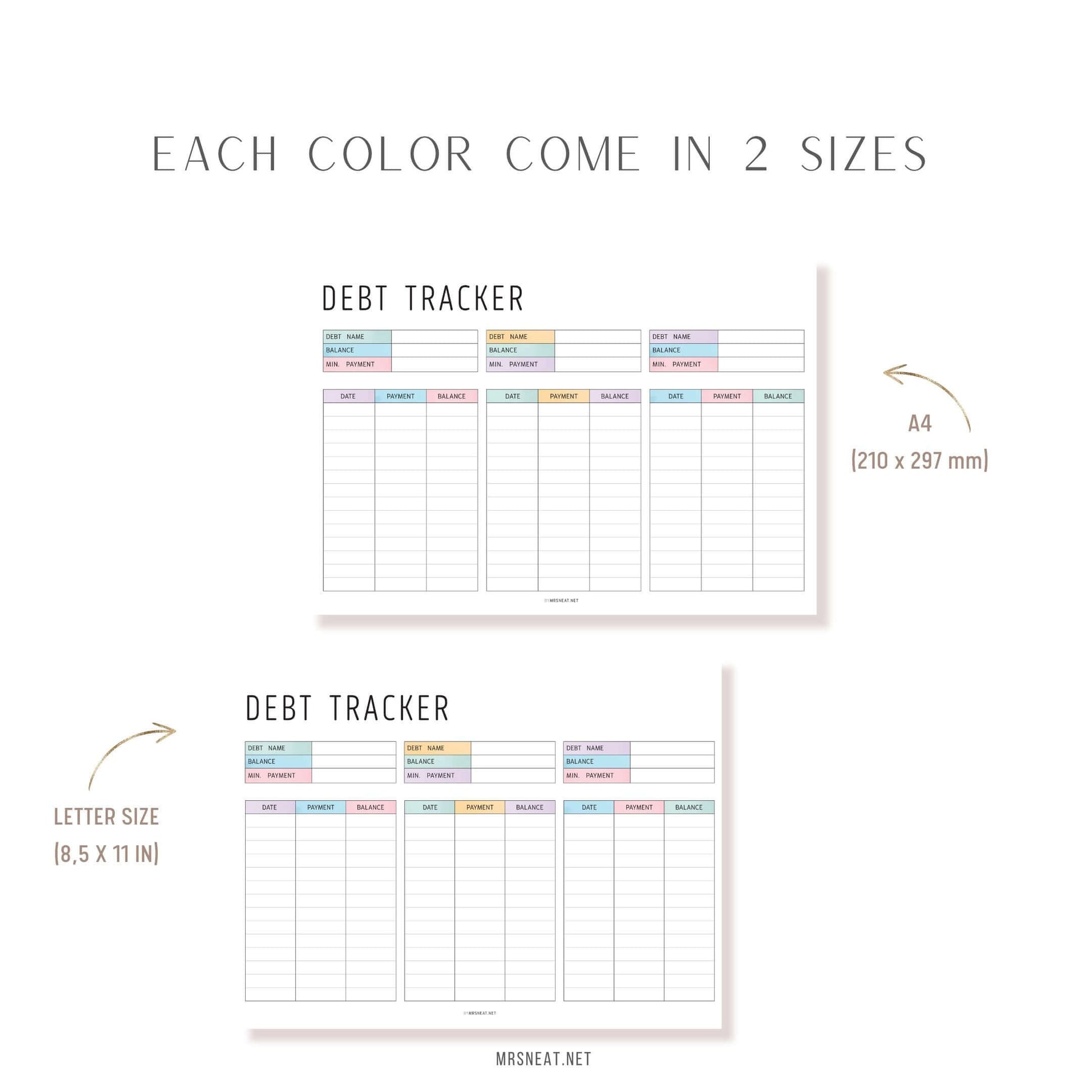 Editable Debt Payment Tracker, PDF, Digital Planner, Printable Planner, 2 Colors, Landscape, A4, Letter