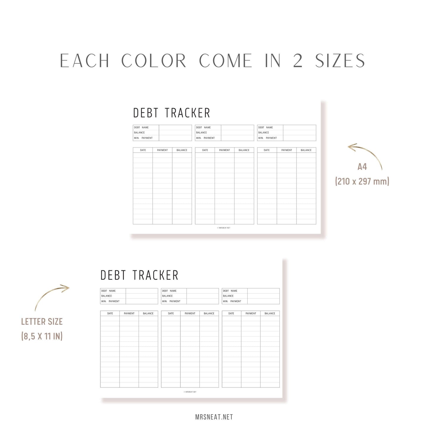 Editable Debt Payment Tracker, PDF, Digital Planner, Printable Planner, 2 Colors, Landscape, A4, Letter, Minimalist