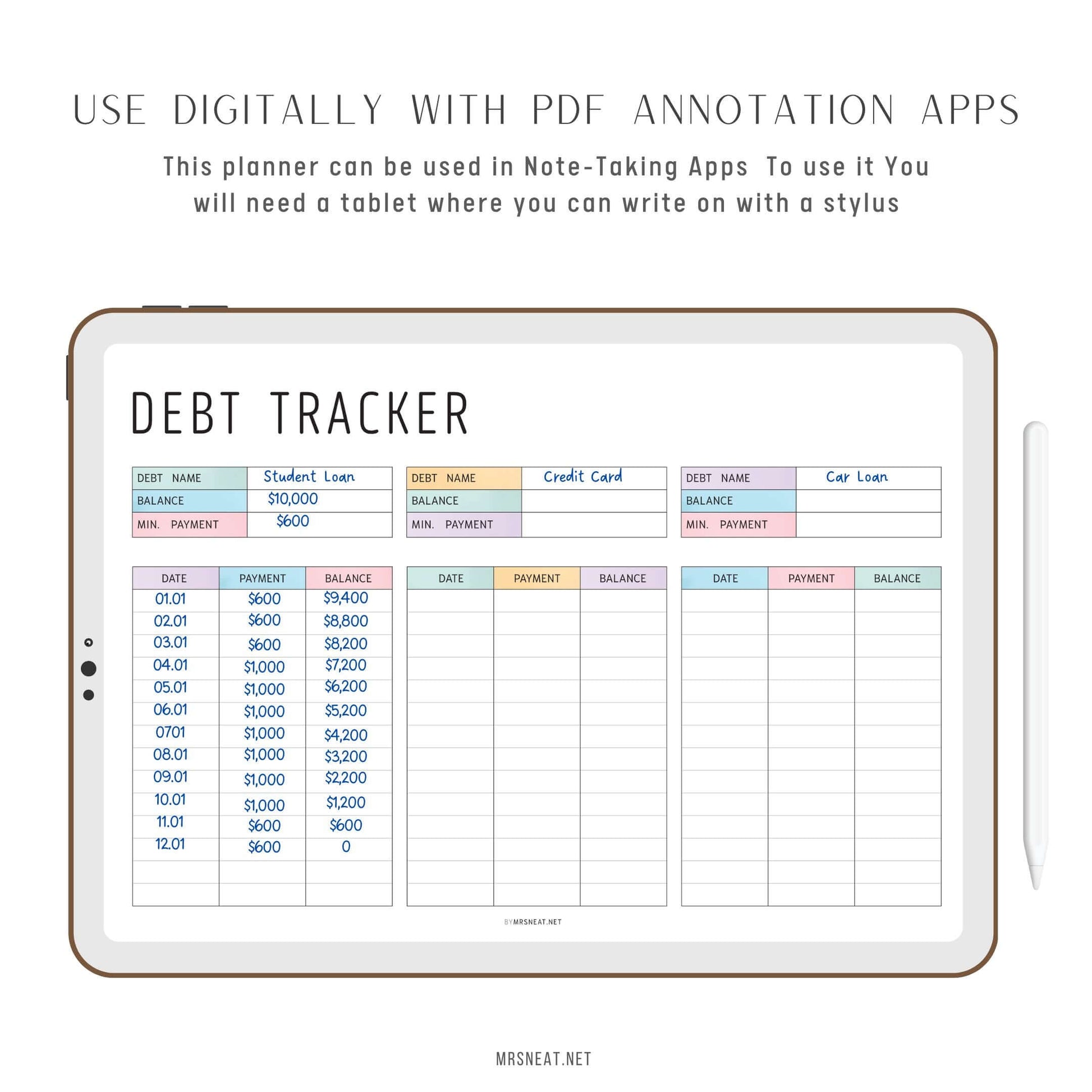 Digital and Editable Debt Payment Tracker, PDF, Digital Planner, Printable Planner, 2 Colors, Landscape