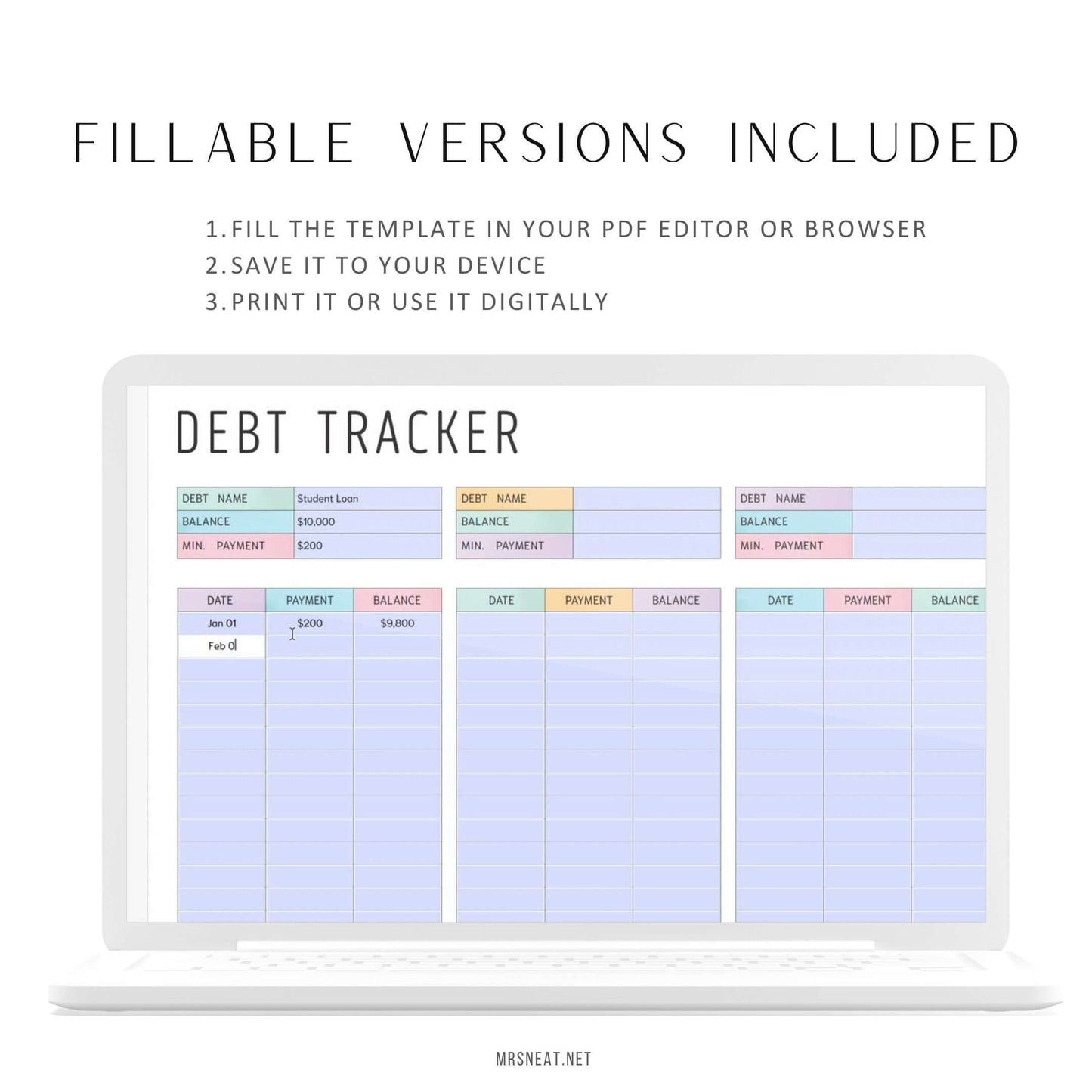 Fillable Debt Payment Tracker, PDF, Digital Planner, Printable Planner, 2 Colors, Landscape