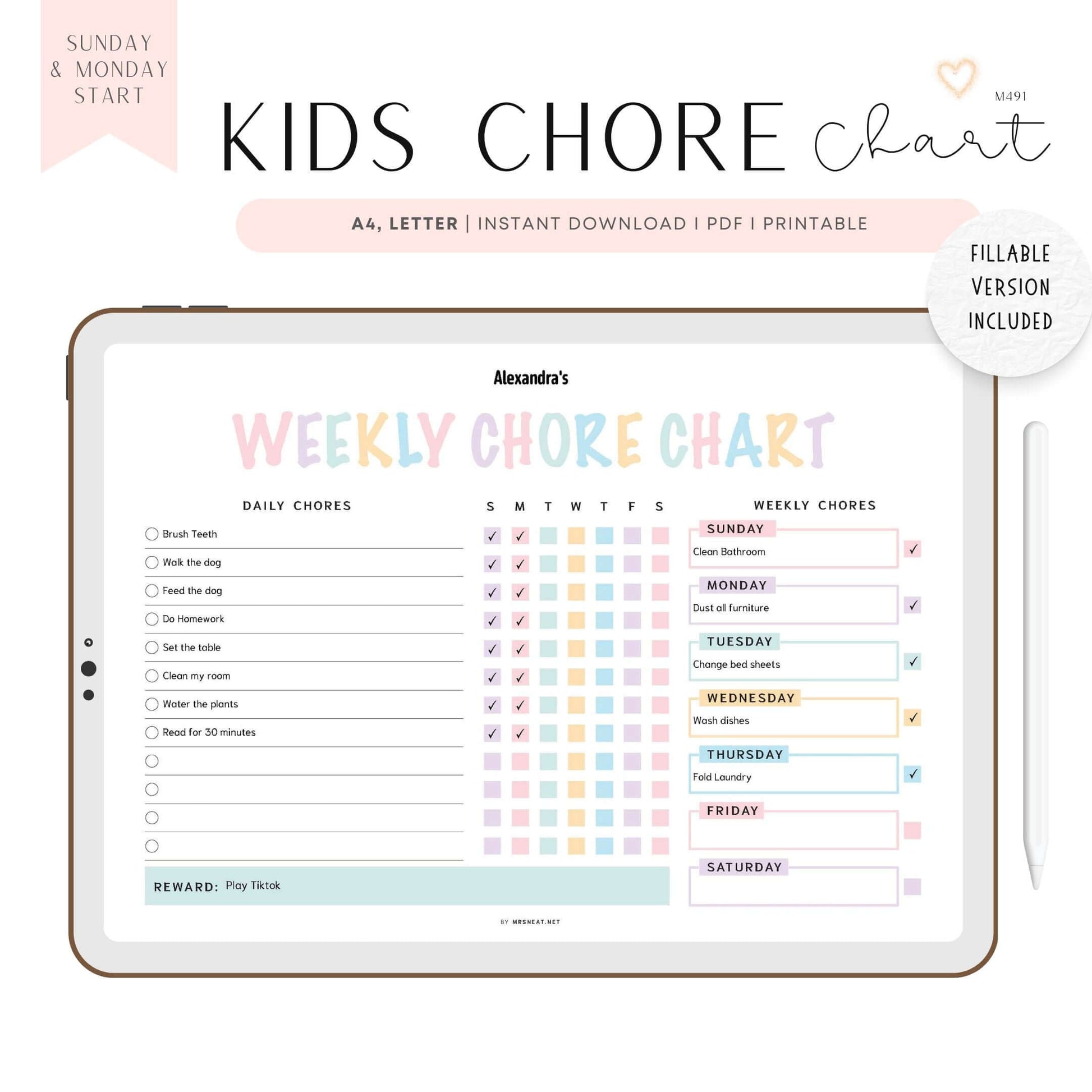 Editable Kids Chore Chart Printable PDF, Colorful Planner, Digital Planner, Sunday & Monday Start, Landscape