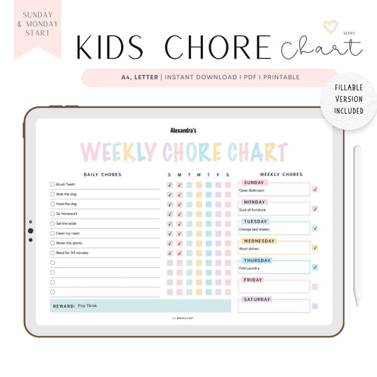 Editable Kids Chore Chart Printable PDF, Colorful Planner, Digital Planner, Sunday & Monday Start, Landscape