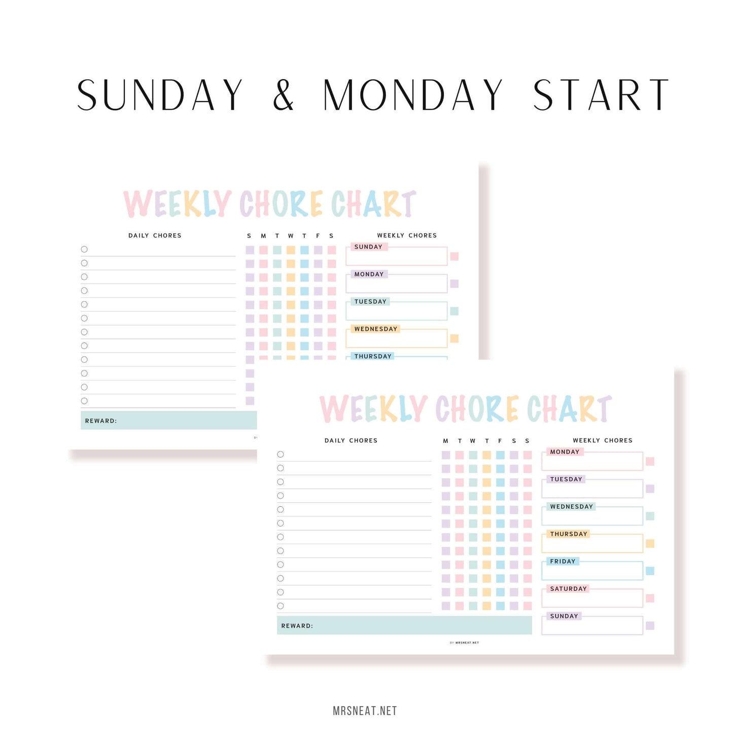 Beautiful Editable Kids Chore Chart Printable PDF, Colorful Planner, Digital Planner, Sunday & Monday Start, Landscape