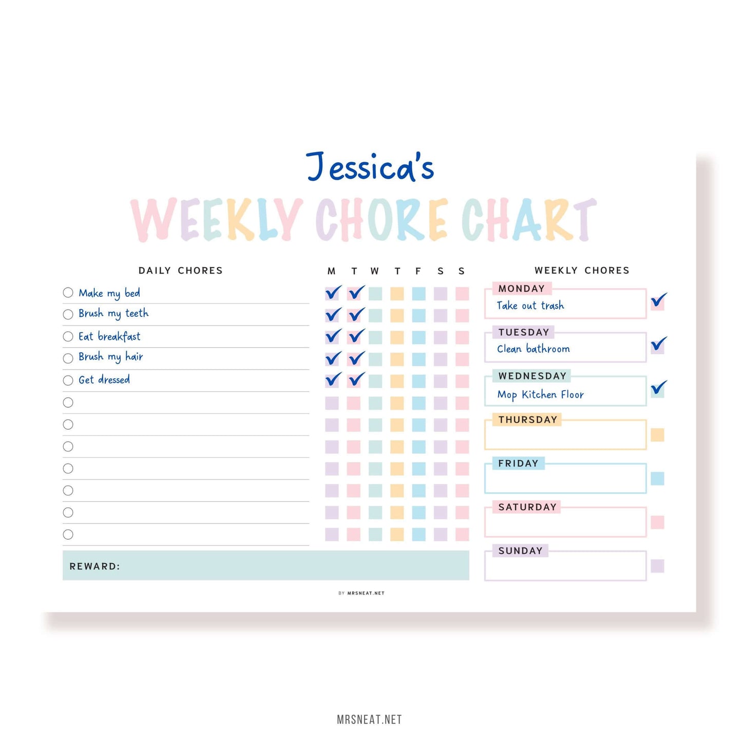 Example Editable Kids Chore Chart Printable PDF, Colorful Planner, Digital Planner, Sunday & Monday Start, Landscape