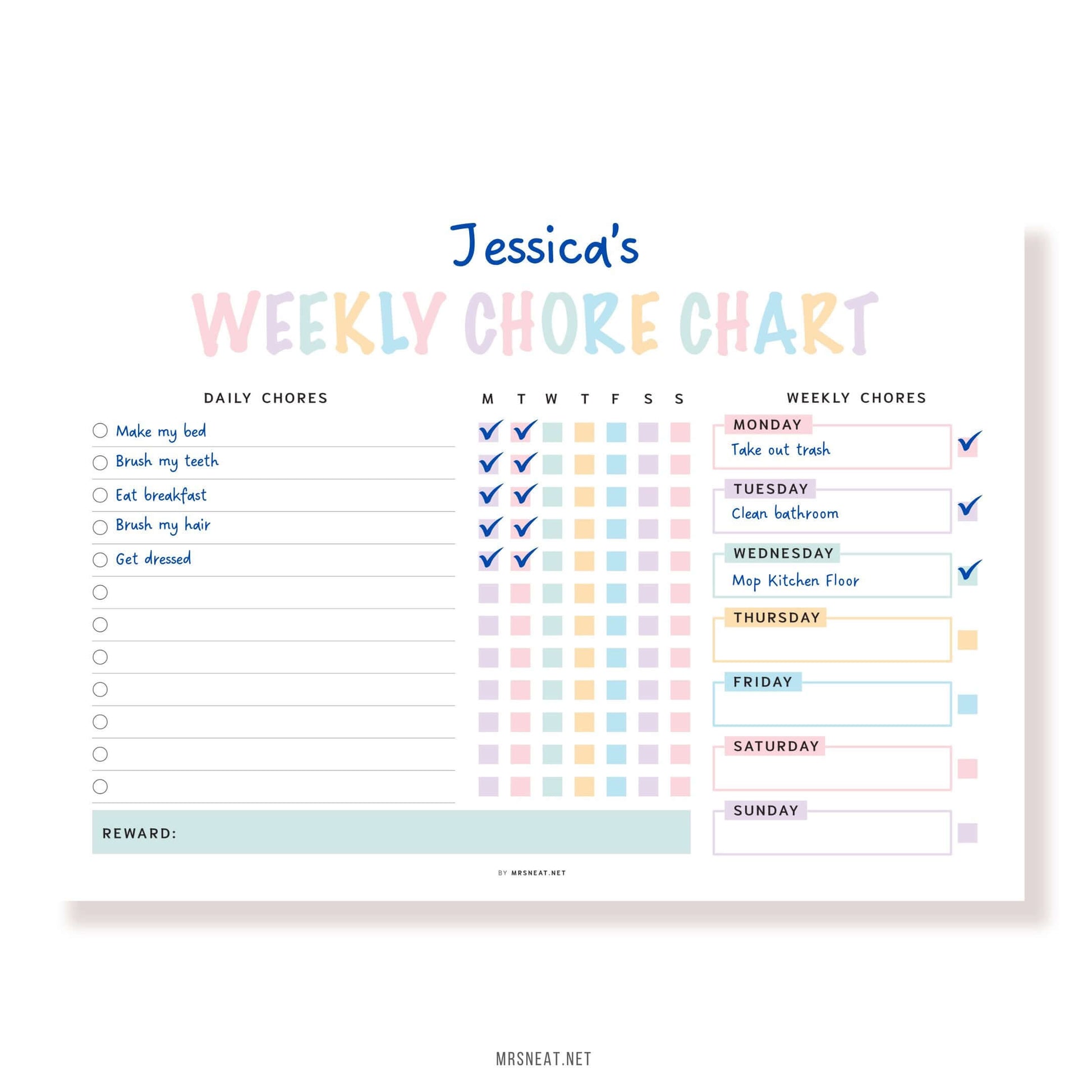 Example Editable Kids Chore Chart Printable PDF, Colorful Planner, Digital Planner, Sunday & Monday Start, Landscape