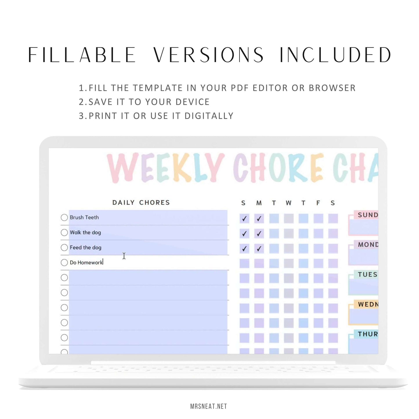 Editable Kids Chore Chart Printable PDF, Colorful Planner, Digital Planner, Sunday & Monday Start, Landscape, Fillable PDF