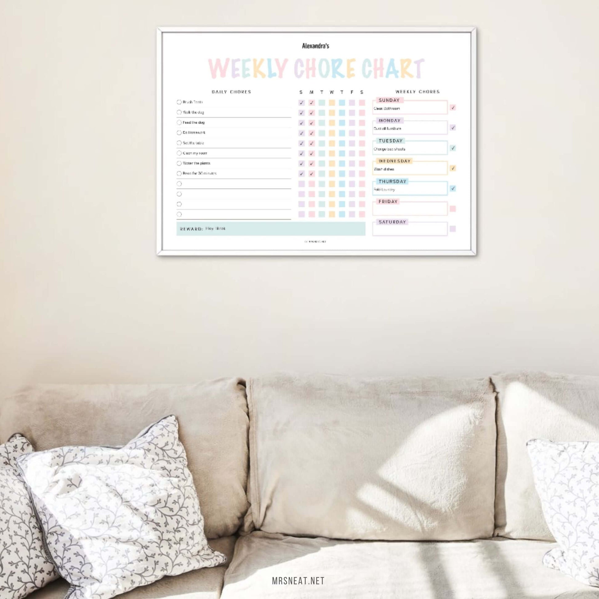 Aesthetic Editable Kids Chore Chart Printable PDF, Colorful Planner, Digital Planner, Sunday & Monday Start, Landscape