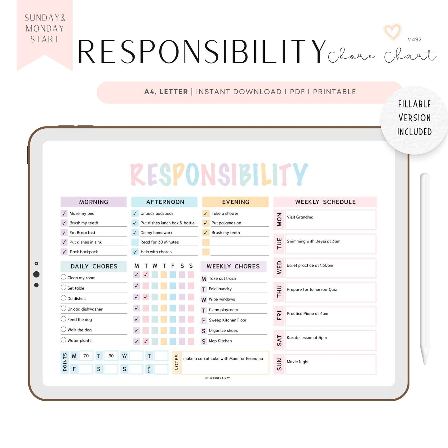 Editable Responsibility Chore Chart Printable PDF, Landscape, A4, Letter, Colorful, Sunday & Monday start