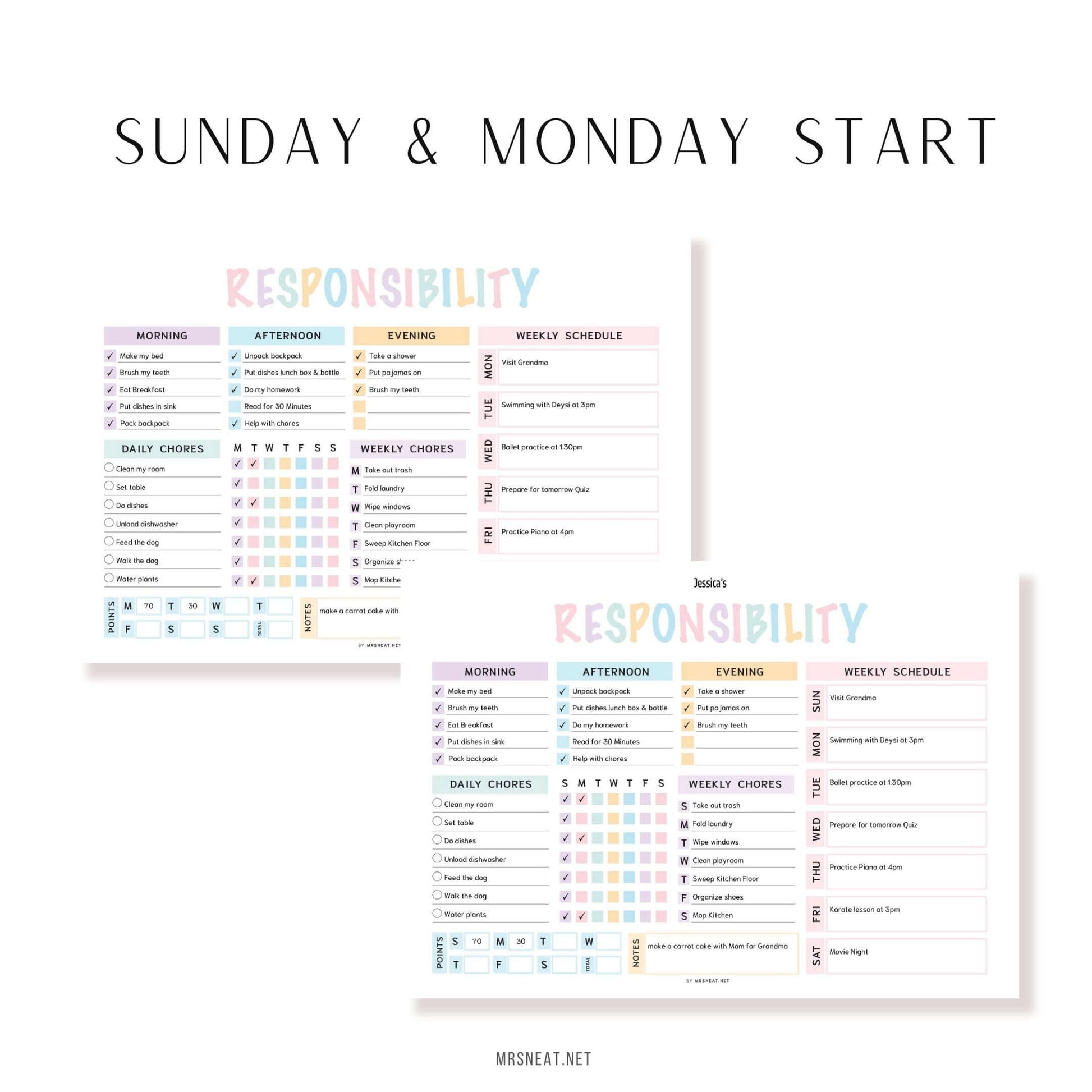 Weekly Kids  Responsibility Chore Chart Printable PDF, Landscape, A4, Letter, Colorful, Sunday & Monday start