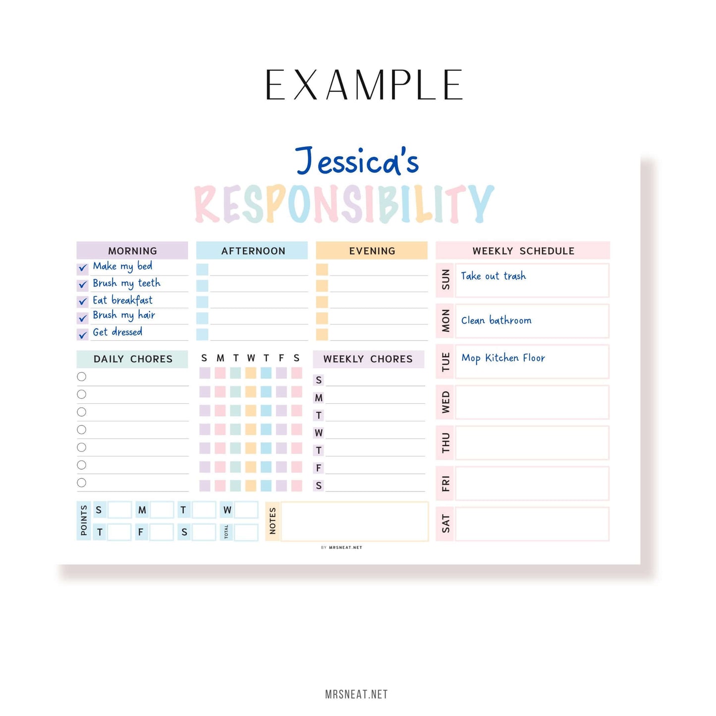 Example Editable Responsibility Chore Chart Printable PDF, Landscape, A4, Letter, Colorful, Sunday & Monday start