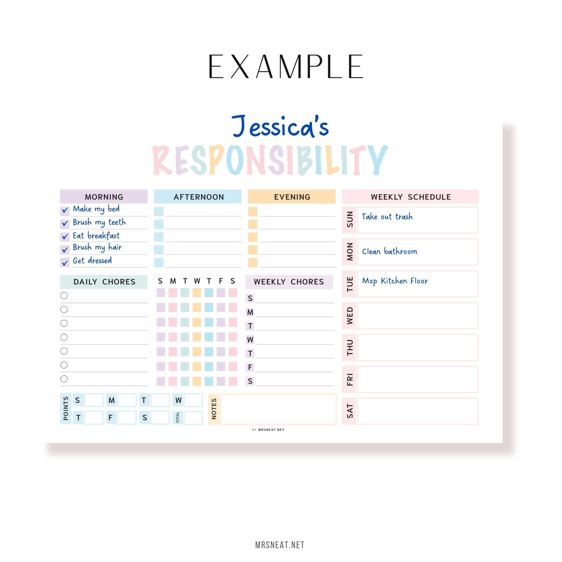 Example Editable Responsibility Chore Chart Printable PDF, Landscape, A4, Letter, Colorful, Sunday & Monday start